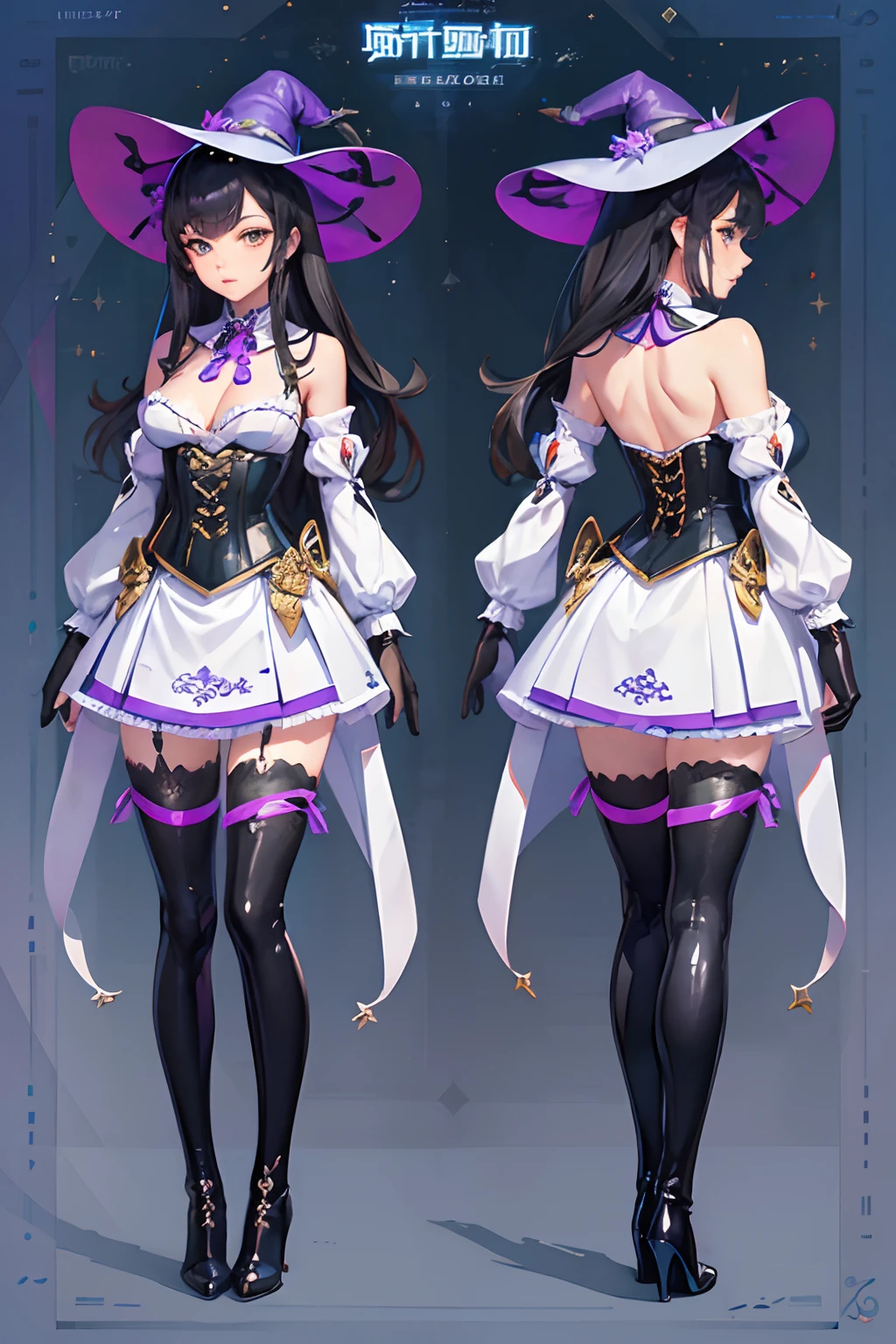 ((masterpiece)),(((best quality))),(((highly detailed))), (Character design sheet, same character, same outfit, ""main front view, side view, back view ""), illustration, 1 girl, perfect ilustration, human, long black hair, golden eyes, medium breasts, makeup is white and blue tones, genshin impact style, purple magical girl style witch clothing, full body, conical witch hat, corset , short dress, high stockings, leather boots and gloves, digital background, casting shadow. exceptional details in eyes, face, hair, clothes, hands and legs.