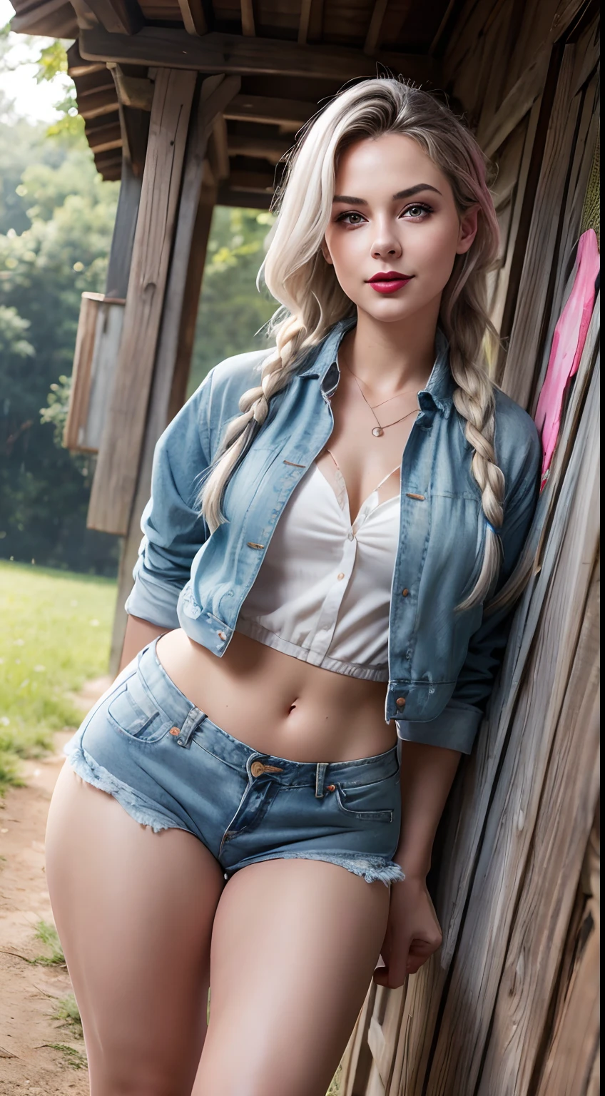 (masutepiece, Best Quality), ultra-detailliert, Photorealsitic, Beautiful woman with gray hair, Braid hair, Braided hair, ((denim jackets)), Denim Tight Long Skirt, ((Light White Open Shirt)), (sexy underwear), Knitted sandals, a necklace, Wavy Hair, Perfect face, Beautiful face, enticing, big gorgeous eyes, I have my mouth wide open, red-lips, makeup, Happy, Voluptuous body, a wet body, seducting smile, Glamorous body, Big ass, (plein air), Rural town, Pasture, Bright colors, Taking a walk, Walking, Poses to seduce,  Wide-angle shot from below