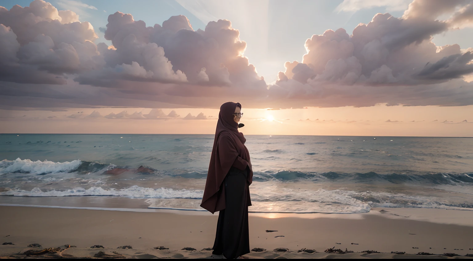 An anime character wearing a hijab and glasses is standing on the beach and looking at the sunset