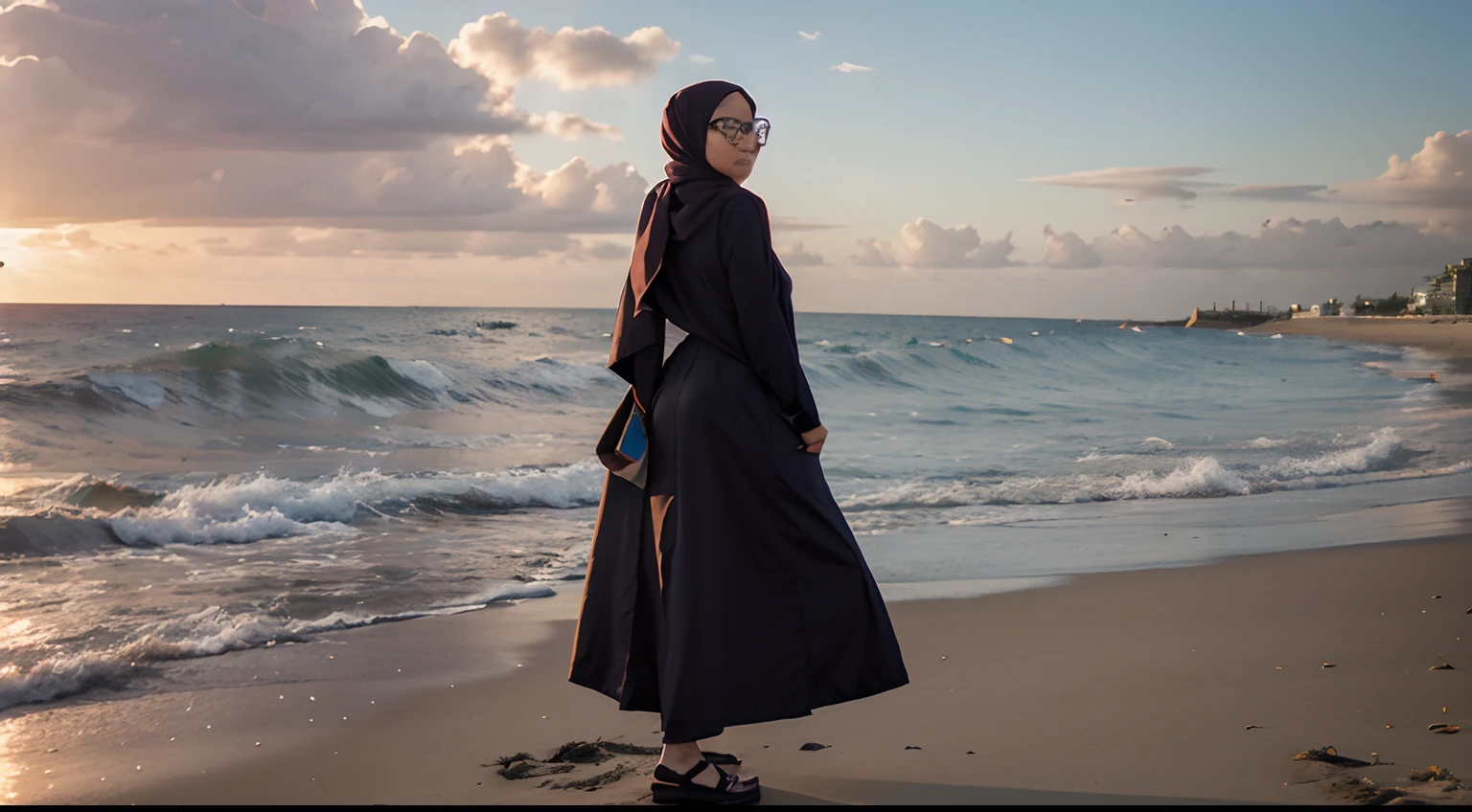 An anime character wearing a hijab and glasses is standing on the beach and looking at the sunset