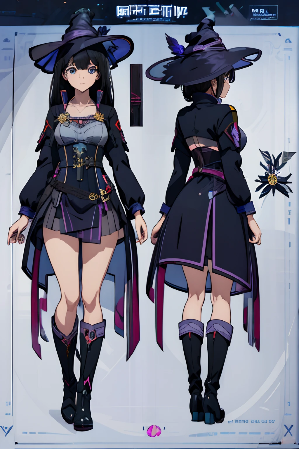 ((masterpiece)),(((best quality))),(((highly detailed))), (Character design sheet, same character, same outfit, ""main front view, side view, back view ""), illustration, 1 girl, perfect ilustration, human, long black hair, golden eyes, medium breasts, makeup is white and blue tones, genshin impact style, purple magical girl style witch clothing, full body, conical witch hat, corset , short dress, high stockings, leather boots and gloves, digital background, casting shadow. exceptional details in eyes, face, hair, clothes, hands and legs.