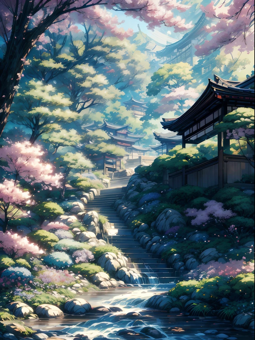 A garden painting with table and chairs and a flowering tree, anime background art, japanese art style, beautiful anime scenery, fantastic chinese town, japanese village, beautiful artwork illustration, landscape art detail, landscape artwork, beautiful anime scene, anime scenery, 8k high quality detail art, japanese community, anime landscape concept art, japanese town, anime beautiful peace scene, strong light and shadow, texture