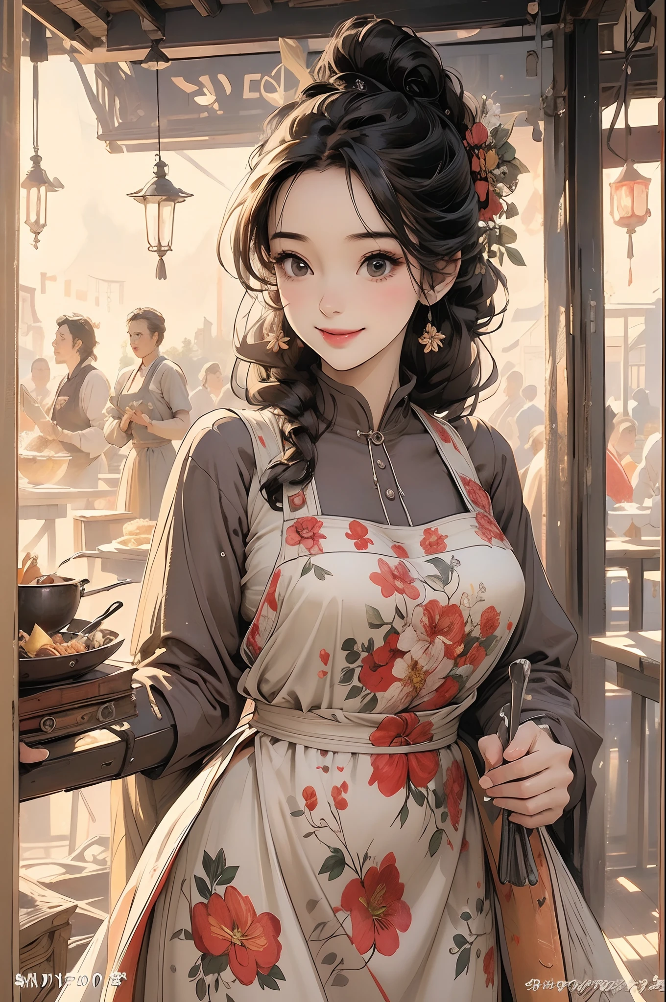 (Best Quality, Masterpiece), Front cover of a women's cooking magazine, 1girl, 30 years old, stunning, cute, heartwarming smile, hourglass figure, wearing floral dress, pinny apron, beautiful food, text, diagrams, advertisements, magazine title