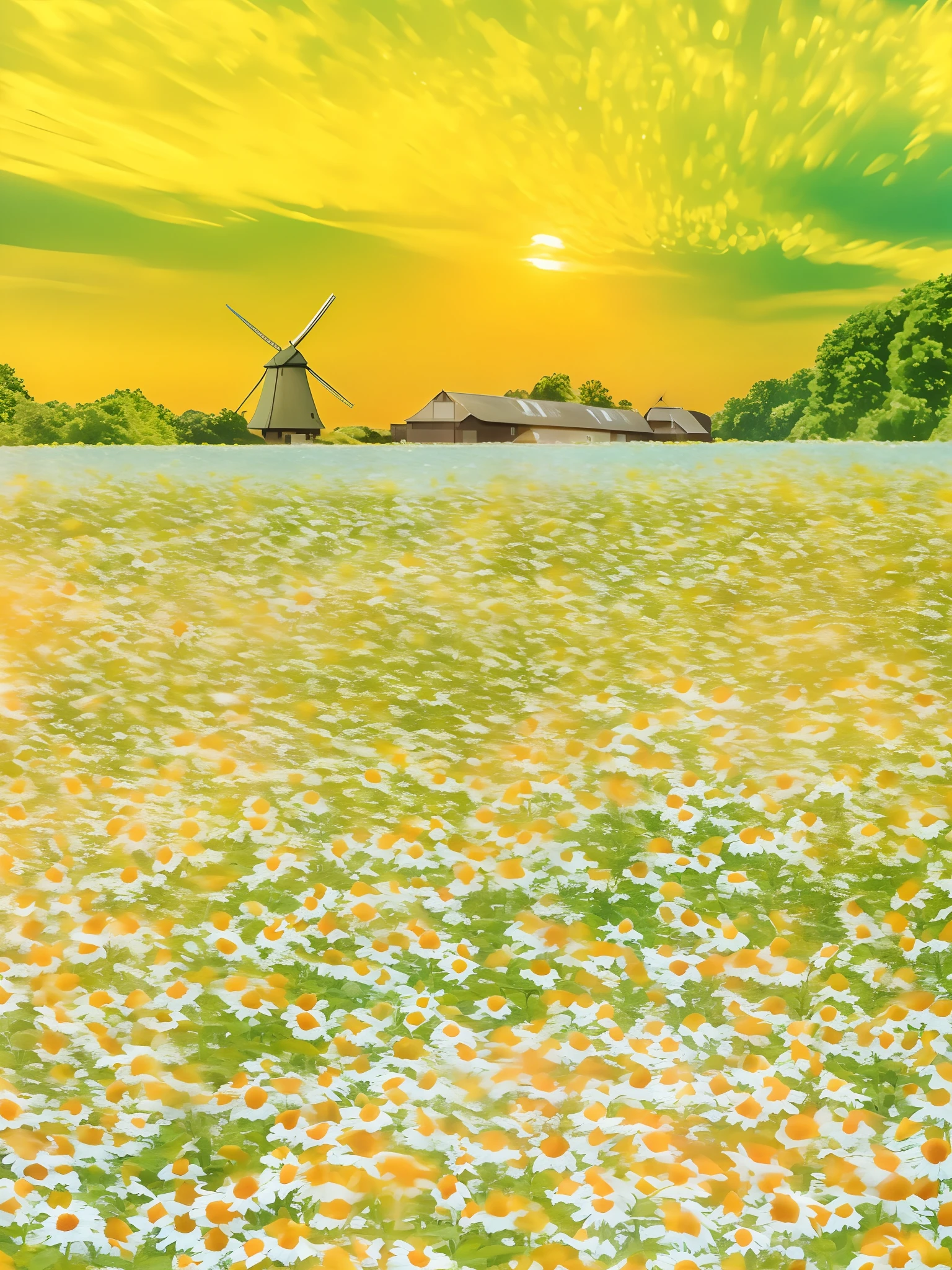 Flower field with windmills in the background, flower field, with flower fields as foreground, field of flowers background, Dutch landscape, an aesthetic field of flowers, landscape artwork, lindo cenario, scene : Sunflower field, scene: Sunflower field, flower field, flower field, field of fantasy flowers, National landscape