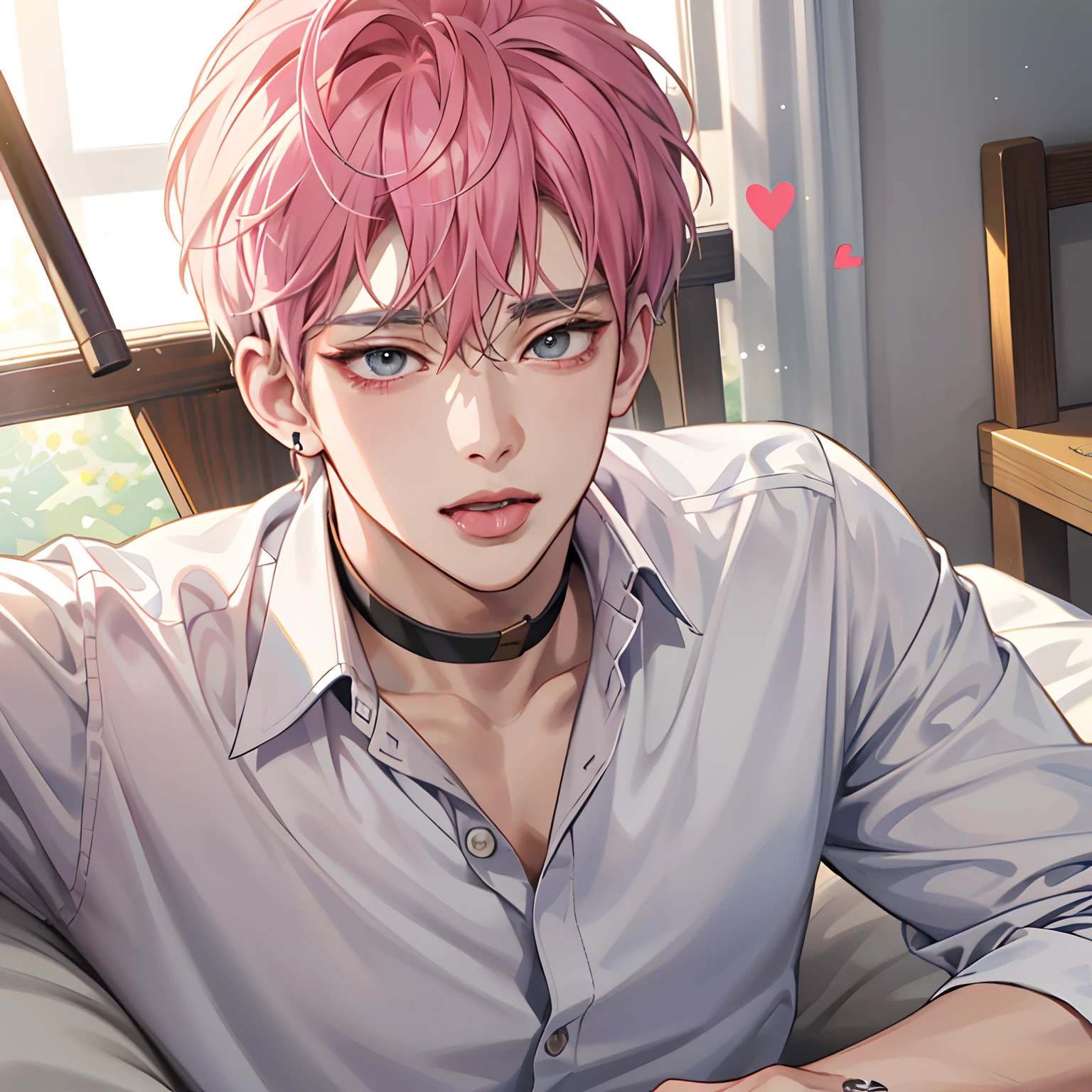 Lying in bed、Guviz-style artwork, made with anime painter studio, Anime Realism Style, Realistic anime art style, painted in anime painter studio, Inspired by Kim Taehyung, In an anime style, anime handsome guy, Inspired by Kim Taehyung, anime realism、Pink hair、A smile、a choker、Multiple piercings、Gray eyes、Sleepy eyes、Flushed cheeks、feeling in pain、distress、Groaning in pain、feeling in pain、screaming in severe pain、Wrinkles between the eyebrows、stick out your tongue and open your mouth wide、short-hair、Flowing sweat、Wet body、Stick out the tongue、look down from above、Bedrooms、fullnude、Skin revealing、man、Stick out the tongue、Inspired by Kim Taehyung、itting open legs、orgasm、Pee、Omorashi