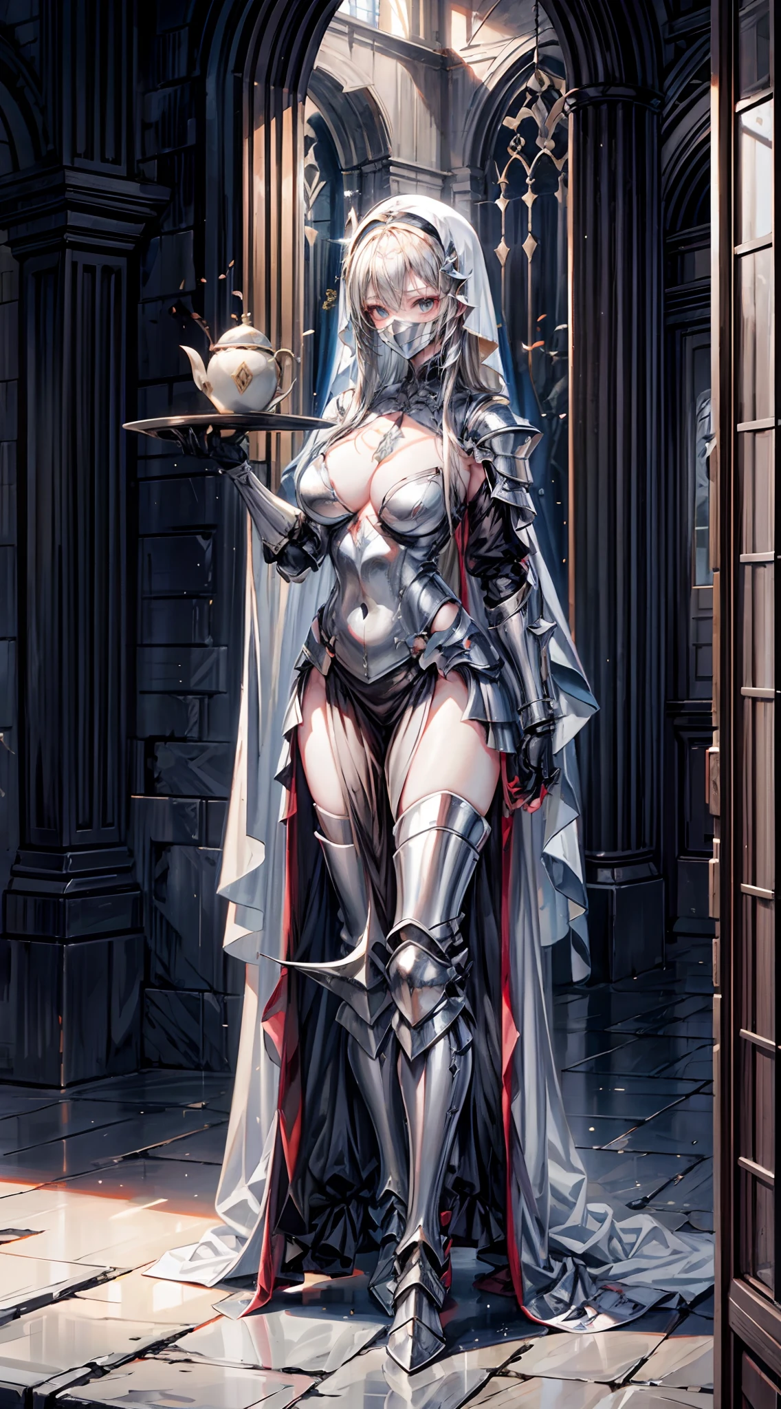 Nun in an iron mask+,Long flowing blonde hair,(Wear an iron mask:2.0)and armor,Wearing an iron mask and armor,Metal heels,Long face,Long face,Long face shape