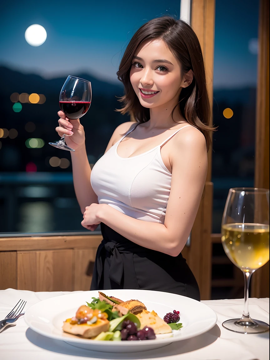 (64K, UHD, top quality, masterpiece: 1.2), (realistic, photorealistic: 1.37), super detailed, pretty woman 1 person, (slim face), (slim body), (brown hair), (short cut), cheeks slightly blushing, (44 years old), 38 years old, solo, beautiful detailed urban night view outside the window, restaurant, wine glasses sit, at night, in a prominent placeNovaFrogStyle, Actress, Model, Waist Up, White Wine, Slim, Wine Glass, Super Clean Night View, Wine Glass Put in the Middle, Happy Smile, (Smile: 1.15), Beautiful Fine Eyes, Upper Body, Bust Japan Up, Night, Short, Short, Actress, Model, Waist Up, White Wine, Slim, Wine Glass, Super Clean Night View, Wine Glass Put in the Middle, Happy Smile,