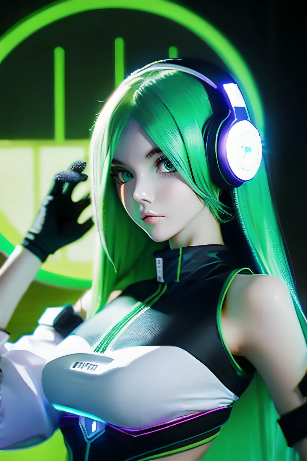 girl with long green hair, green eyes, futuristic vibes, mask on mouth, headphones, 8k, high quality, simple background, glowing eyes, nice pose