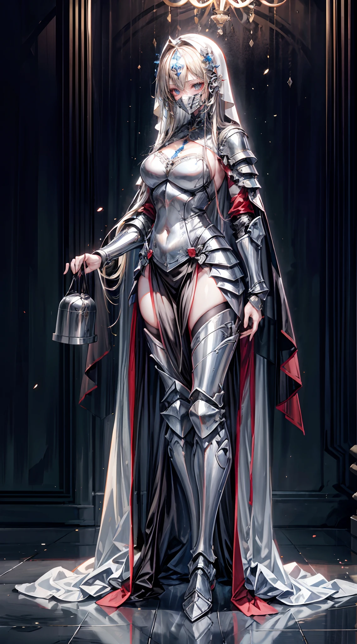 lewd nun，Long flowing blonde hair,（Wear an iron mask：2.0）and armor，Wearing an iron mask and armor，Metal heels，Long face，Long face，Long face shape