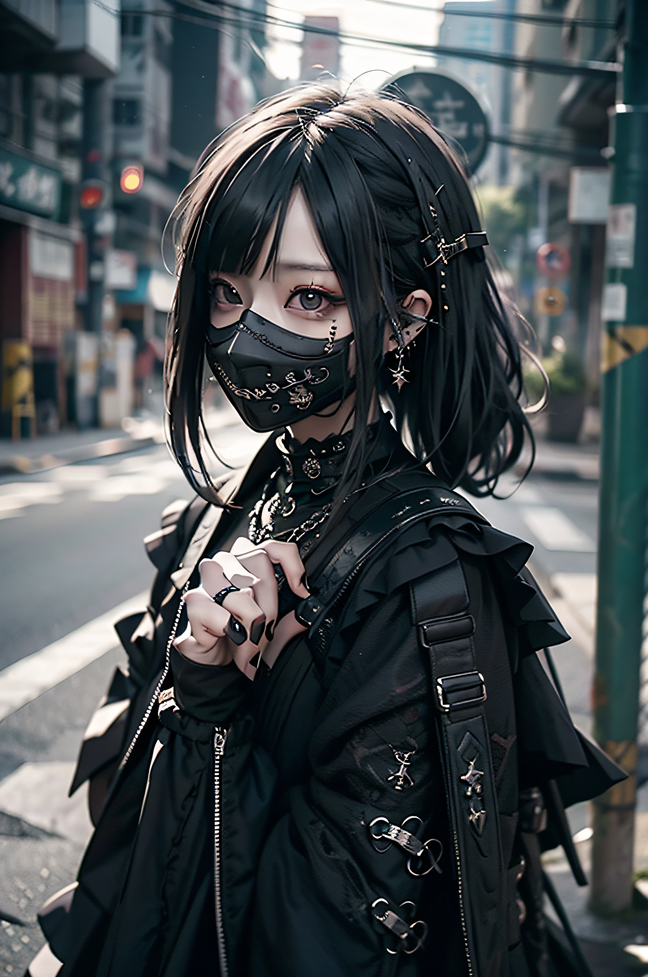 (masutepiece, Best Quality, Photorealistic, hight resolution, Photography, :1.3), up close shot, Sharp Focus, (1 brunette girl,, hotmodel), Realistic skin,top-quality、8K、masterpiece:1.3、Gothic punk、Red inner color、A dark-haired、hair adornments、a beauty girl、creative、dark fantasy style、Neogos、Goth Fashion:1.2、hight resolution、masterpiece、top-quality、headw:1.3、((Hasselblad photo))、Fine-grained skin、Sharp Focus、(lighting like a movie)、Realistic textured hair、((Black mask)),full body Esbian、(((Super realistic textured hair)),(((ultra realistic textured skin))),((((Authentic Photos)))))
