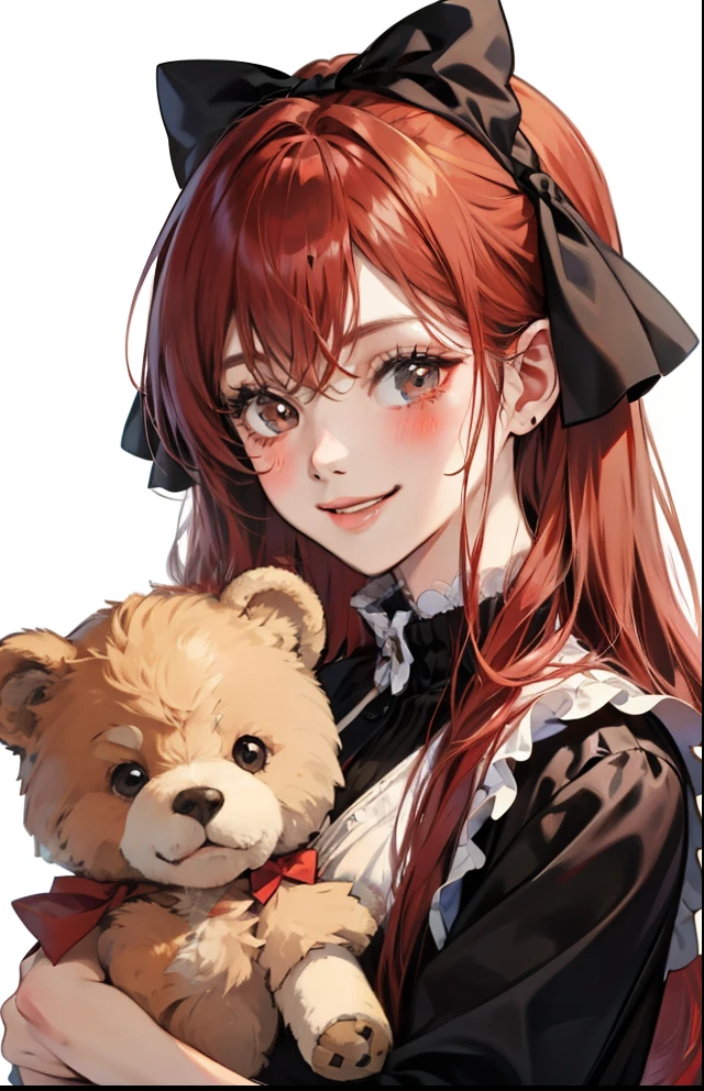 girl with、Background white、without background、Red-haired、The long-haired、with blush cheeks、Embarrassing、Brown and ocher dresses、Onepiece、Stuffed Bear、frilld、bow ribbon、Smiling、kawaii、without background