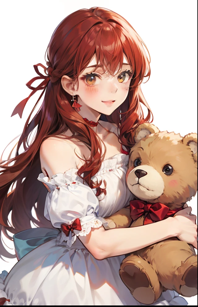 girl with、Background white、without background、Red-haired、The long-haired、with blush cheeks、Embarrassing、Brown and ocher dresses、Onepiece、Stuffed Bear、frilld、bow ribbon、Smiling、kawaii、without background