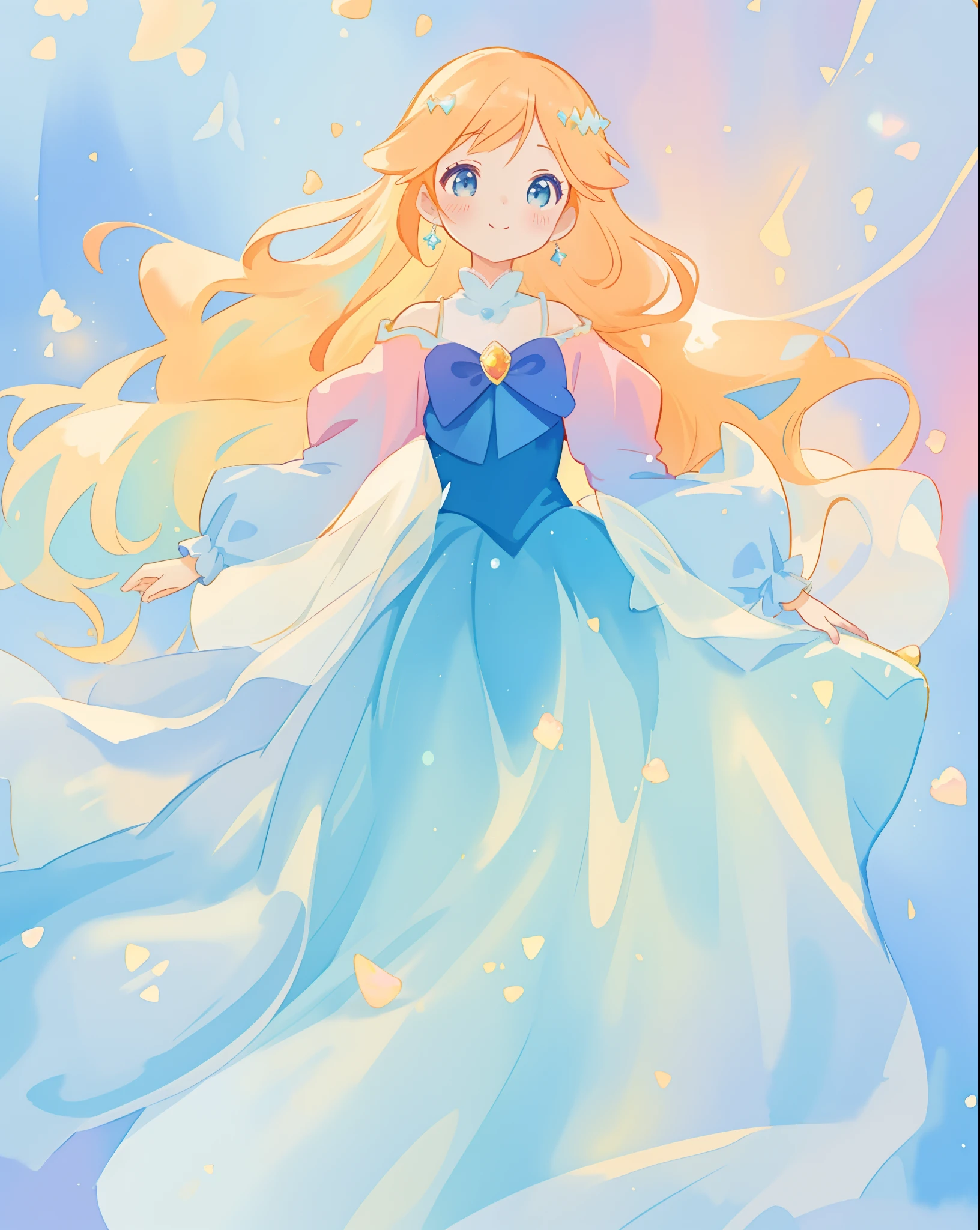 beautiful girl in gradient blue princess ballgown with puffy long sleeves, long flowing gold peach hair, liquid theme, colorful fantasia background, watercolor illustration, disney art style, beautiful digital illustration, beautiful, masterpiece, best quality, anime disney style, beautiful face