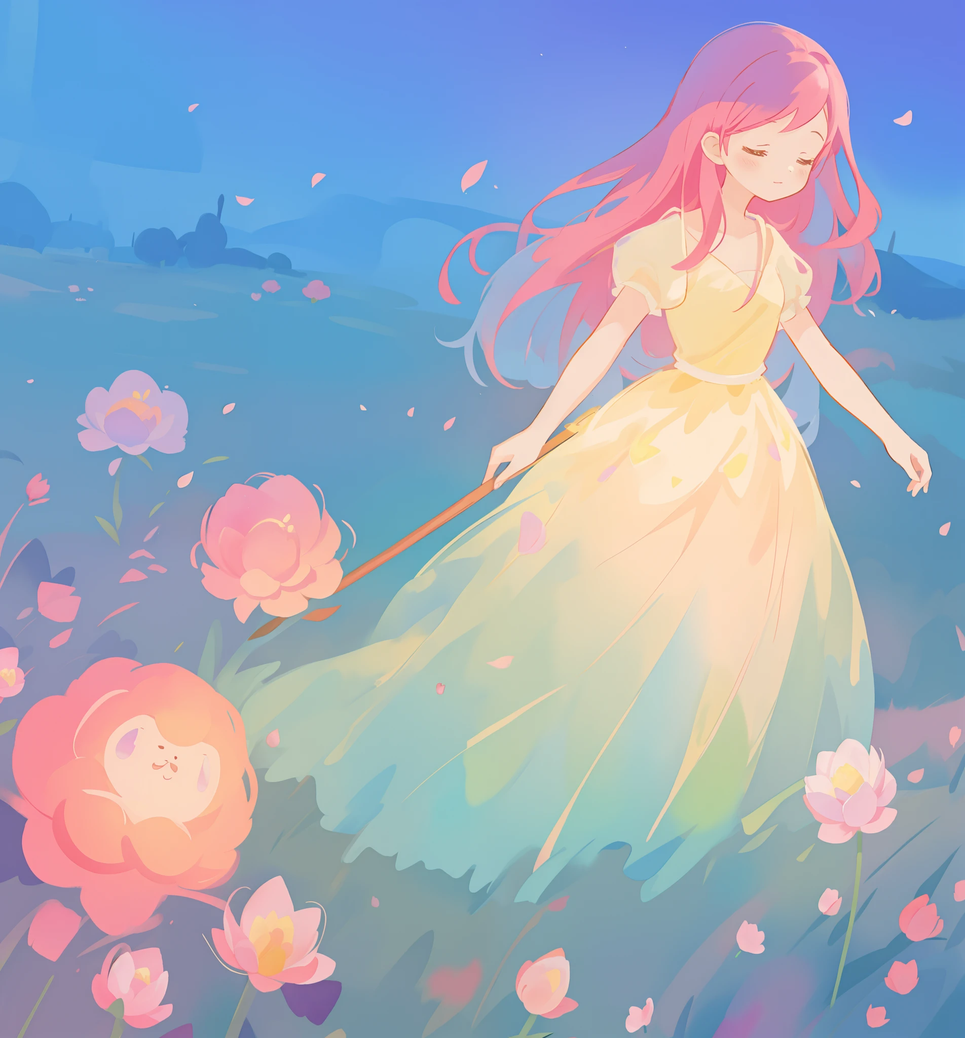 beautiful girl in puffy gradient ballgown, a field with round puffball pink flowers, otherworldly flowers, whimsical landscape, long pink flowing hair, watercolor illustration, inspired by Glen Keane, inspired by Lois van Baarle, disney art style, by Lois van Baarle, by Glen Keane, jen bartel, digital painting, beautiful digital illustration, fantasia otherworldly landscape plants flowers, beautiful, masterpiece, best quality, anime disney style