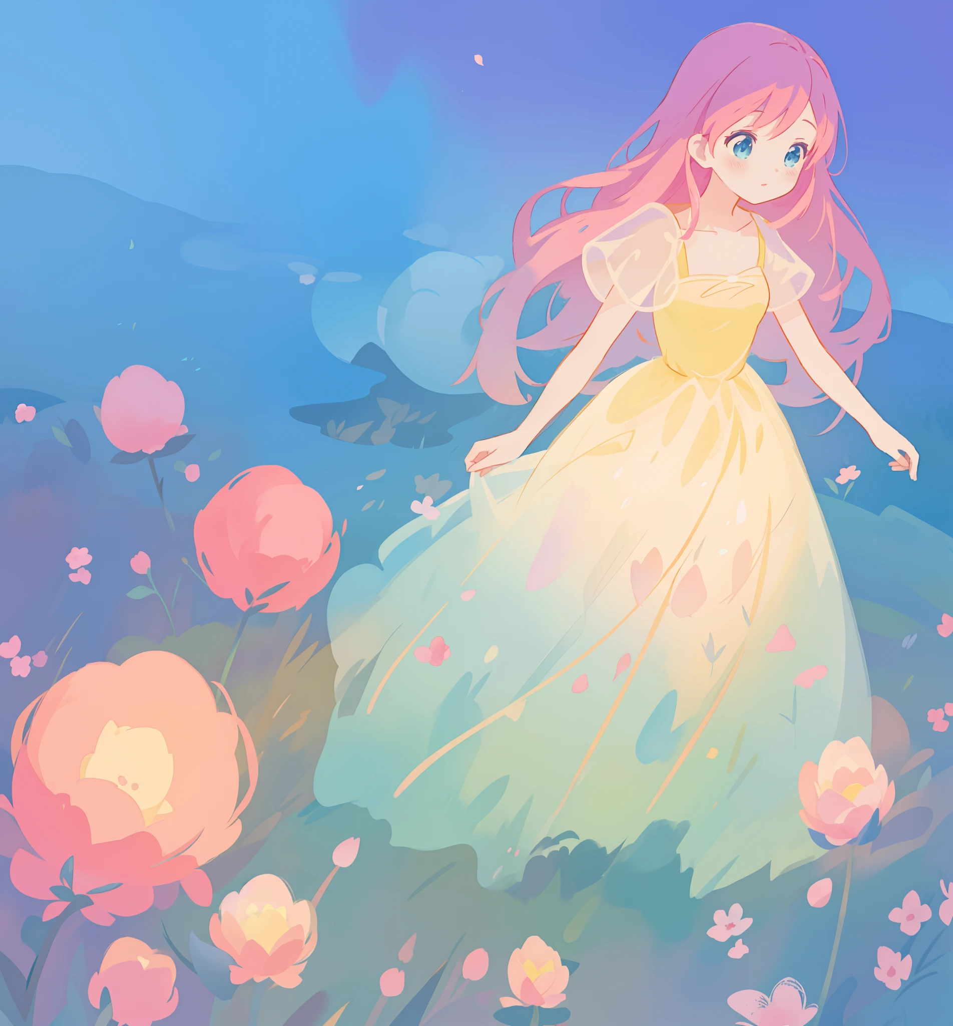 beautiful girl in puffy gradient ballgown, a field with round puffball pink flowers, otherworldly flowers, whimsical landscape, long pink flowing hair, watercolor illustration, inspired by Glen Keane, inspired by Lois van Baarle, disney art style, by Lois van Baarle, by Glen Keane, jen bartel, digital painting, beautiful digital illustration, fantasia otherworldly landscape plants flowers, beautiful, masterpiece, best quality, anime disney style