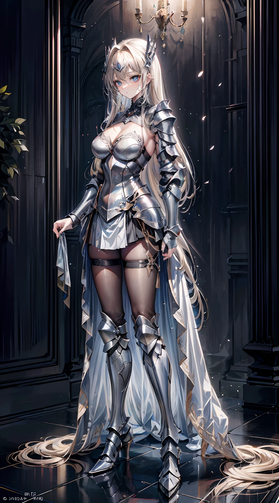 The younger sister of the Iron Mask,Long flowing blonde hair,(Wear an iron mask:2.0)and armor,Wearing an iron mask and armor,Metal heels,Long face,Long face,Long face shape