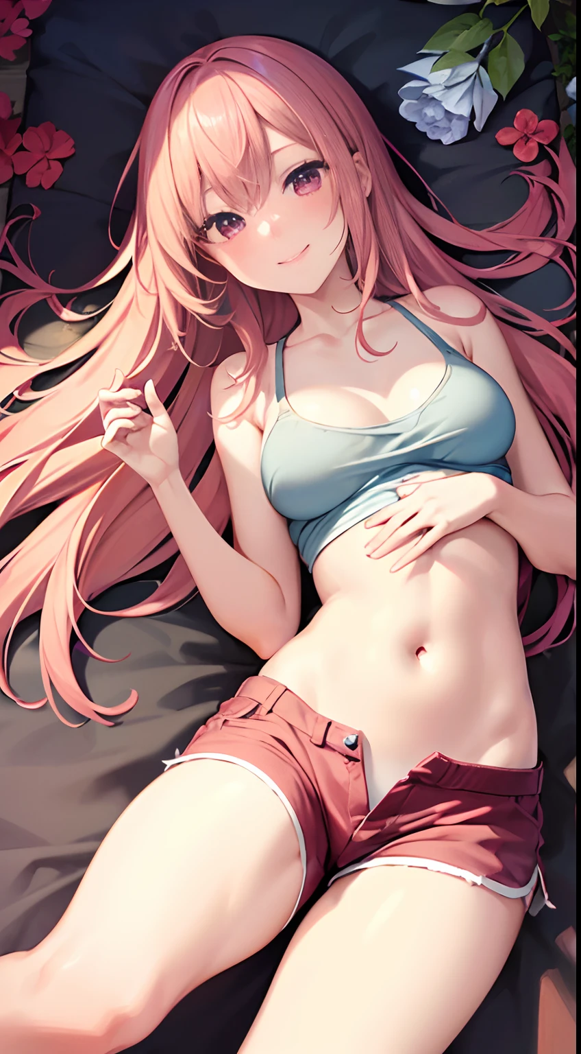 {{{masterpiece}}}, {{{best quality}}}, {{ultra-detailed}}, {illustration}, {{an extremely delicate and beautiful}},(1girl), pink hair, red eyes,,shiny skin,((date style)),((smile)),pov,from above,tank top, belly exposed,shorts
