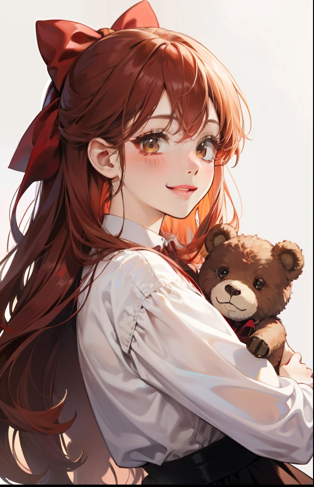 girl with、Background white、without background、Red-haired、The long-haired、with blush cheeks、Embarrassing、Brown and ocher dresses、Onepiece、Stuffed Bear、frilld、bow ribbon、Smiling、kawaii、without background