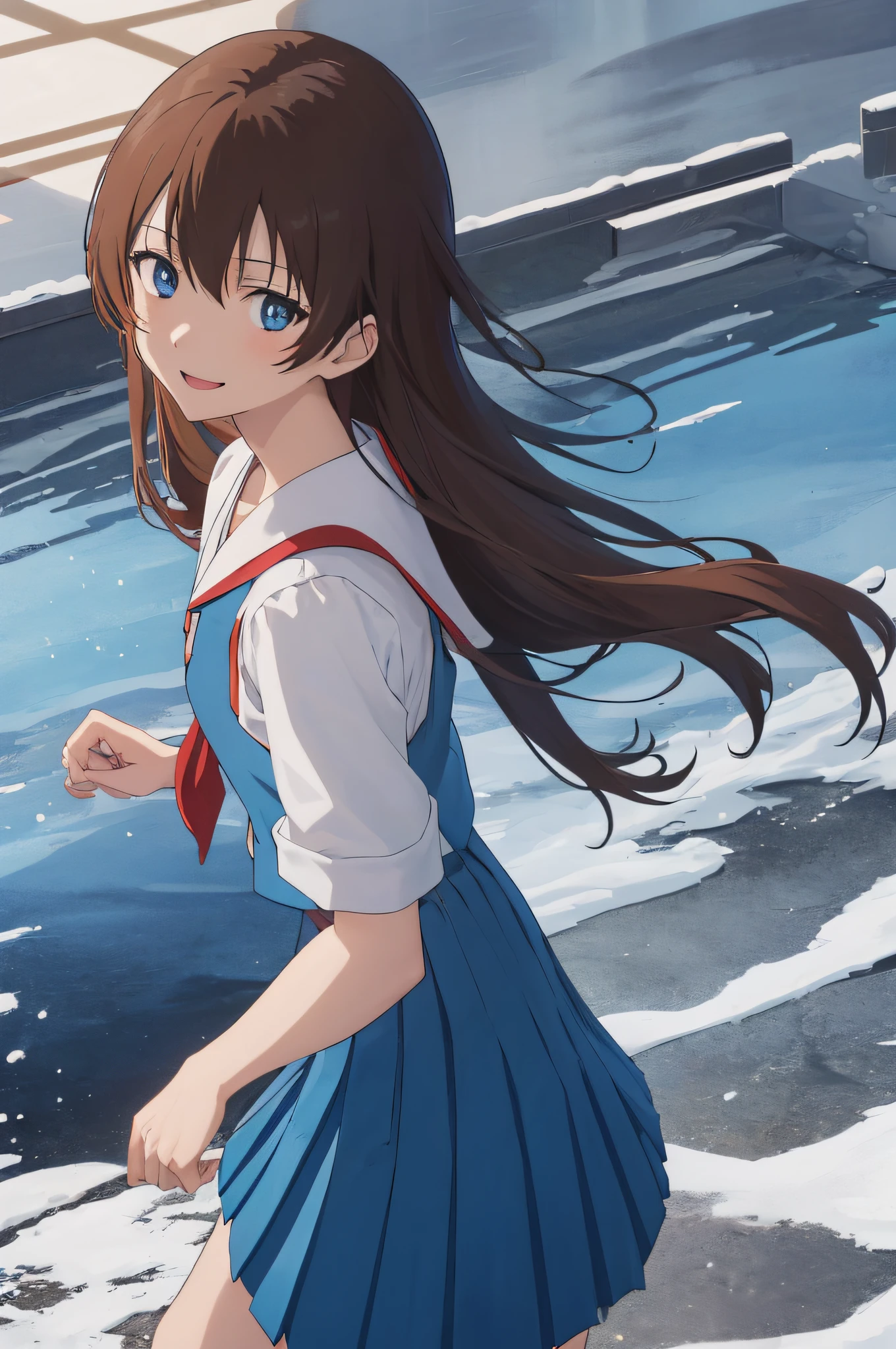 (masutepiece, Best Quality:1.2), hight resolution, anime screen cap, Anime coloring, 1girl in, Solo,
Hiromi_Yuasa, Brown hair, Long hair, Bangs, hair between eye, Blue eyes, medium breasts,student clothes, Blue vest、muffler, ((Blue pleated skirt)), a miniskirt、Looking at Viewer, from the front side,((The best smile))、Fantastical、It's snowing、