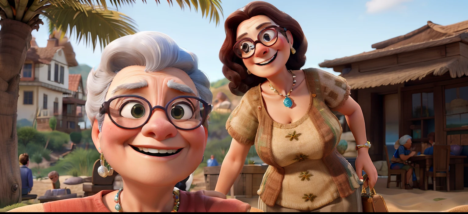 Obra-prima, de melhor qualidade, alta qualidade, disney pixar, idoso cabelos brancos, without glasses, rosto liso, sorriso largo, In the background with old woman in glasses smiling on the beach