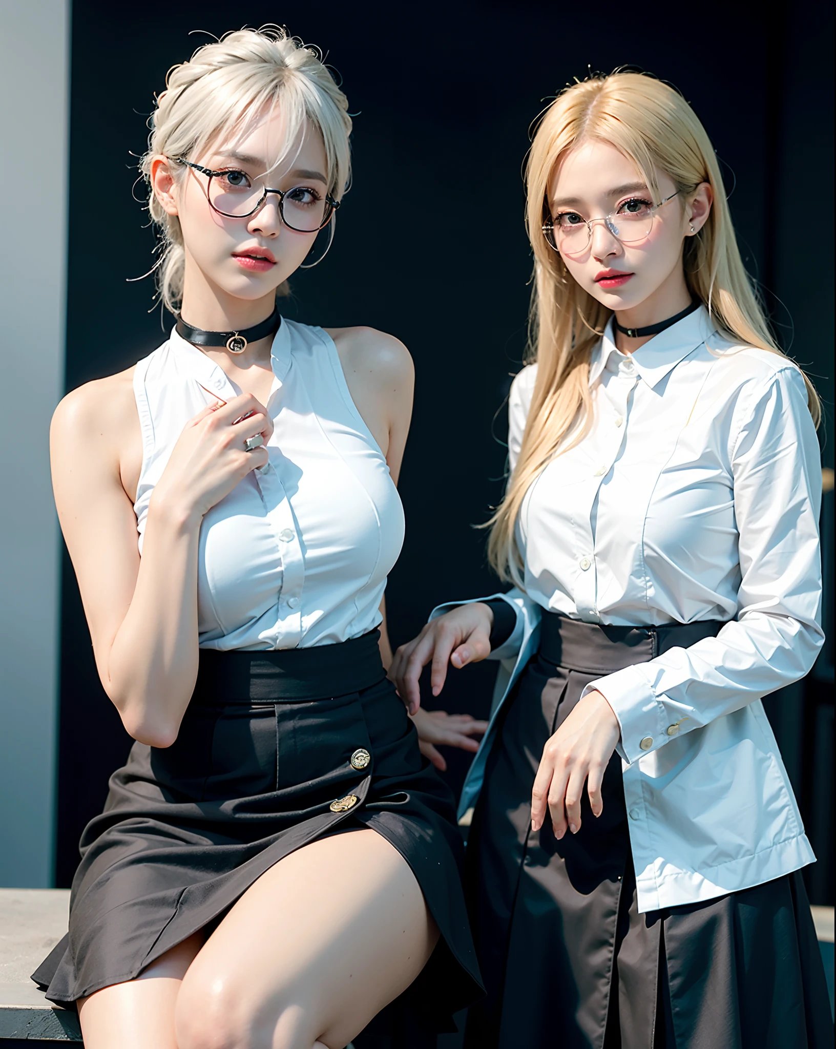 absurdres, 1girl, blush, (realistic:1.5), (masterpiece, Extremely detailed CG unity 8k wallpaper, best quality, highres:1.2), (ultra_detailed, UHD:1.2), perfect illumination, distinct, (1girl:1.4), looking at viewer, unreal engine, sidelighting, perfect face, detailed face, perfect body, beautiful eyes, pretty face, (bright skin:1.4), idol, (abs), ulzzang-6500-v1.1,,((narrow waist)),(blonde hair),MAHALAIUNIFORM,(((WHITE SHIRT SHORT SLEEVES))),((BLACK polished PENCIL SKIRT)),((BLACK PLEATED SKIRT)),((in the classroom)),(choker),((white shirt short sleeves )),((black pencil skirt)),(belt),((sitting on the table)),(Full body:1.4),bangs,((glasses)),sharp eyes,peck the corners of the mouth,silver earrings,hands in hair,silver watch,((medium breast))