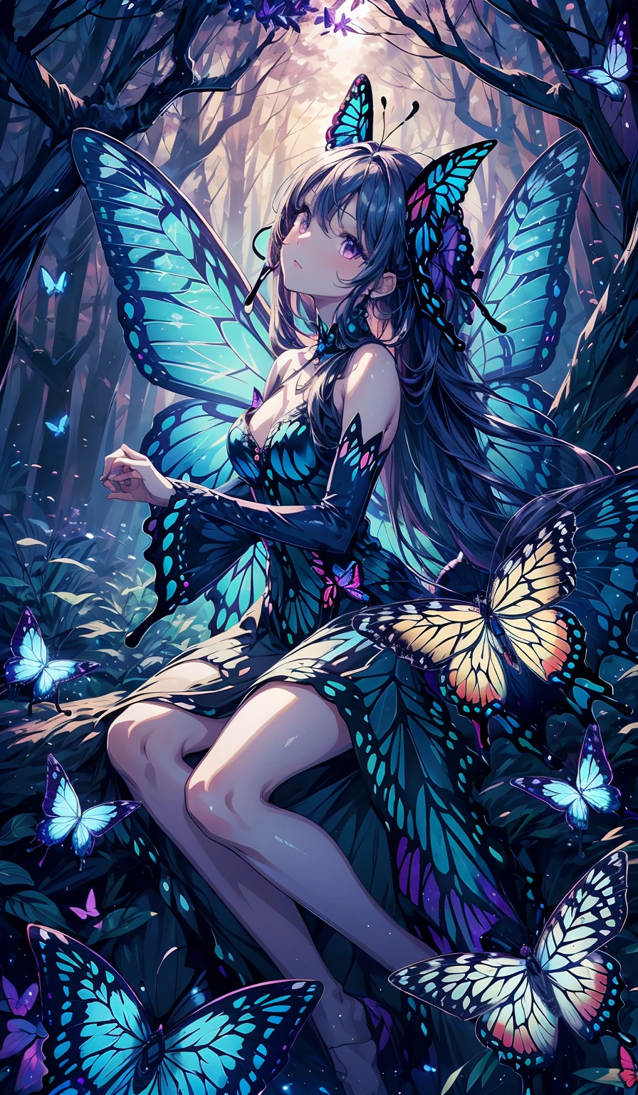 high details, best quality, 16k, RAW, [best detailed], masterpiece, best quality, (extremely detailed), full body, ultra wide shot, photorealistic, dark fantasy art, goth art, RPG art, D&D art, a picture of a dark female fairy resting in a flower meadow, extremely beautiful fairy, ultra feminine (intense details, Masterpiece, best quality), best detailed face (intense details, Masterpiece, best quality), having wide butterfly wings, spread butterfly wings (intense details, Masterpiece, best quality), dark colors wings (intense details, Masterpiece, best quality), (blue) hair, long hair, shinning hair, flowing hair, shy smile, innocent smile, (red: 1.3) eyes, dark red lips, wearing [red] dress latex corset (intense details, Masterpiece, best quality), dynamic elegant shirt, chocker, wearing high heels, in dark colored flower meadow (intense details, Masterpiece, best quality), (red flowers: 1.2) , (black flowers: 1.2), (white flowers: 1.2), (blue flowers: 1.3) [extreme many flowers] (intense details, Masterpiece, best quality), dark colorful flowers (intense details, Masterpiece, best quality), flower meadow in a dark goth field background, dim light, cinematic light, High Detail, Ultra High Quality, High Resolution, 16K Resolution, Ultra HD Pictures, 3D rendering Ultra Realistic, Clear Details, Realistic Detail, Ultra High Definition, DonMF41ryW1ng5XL