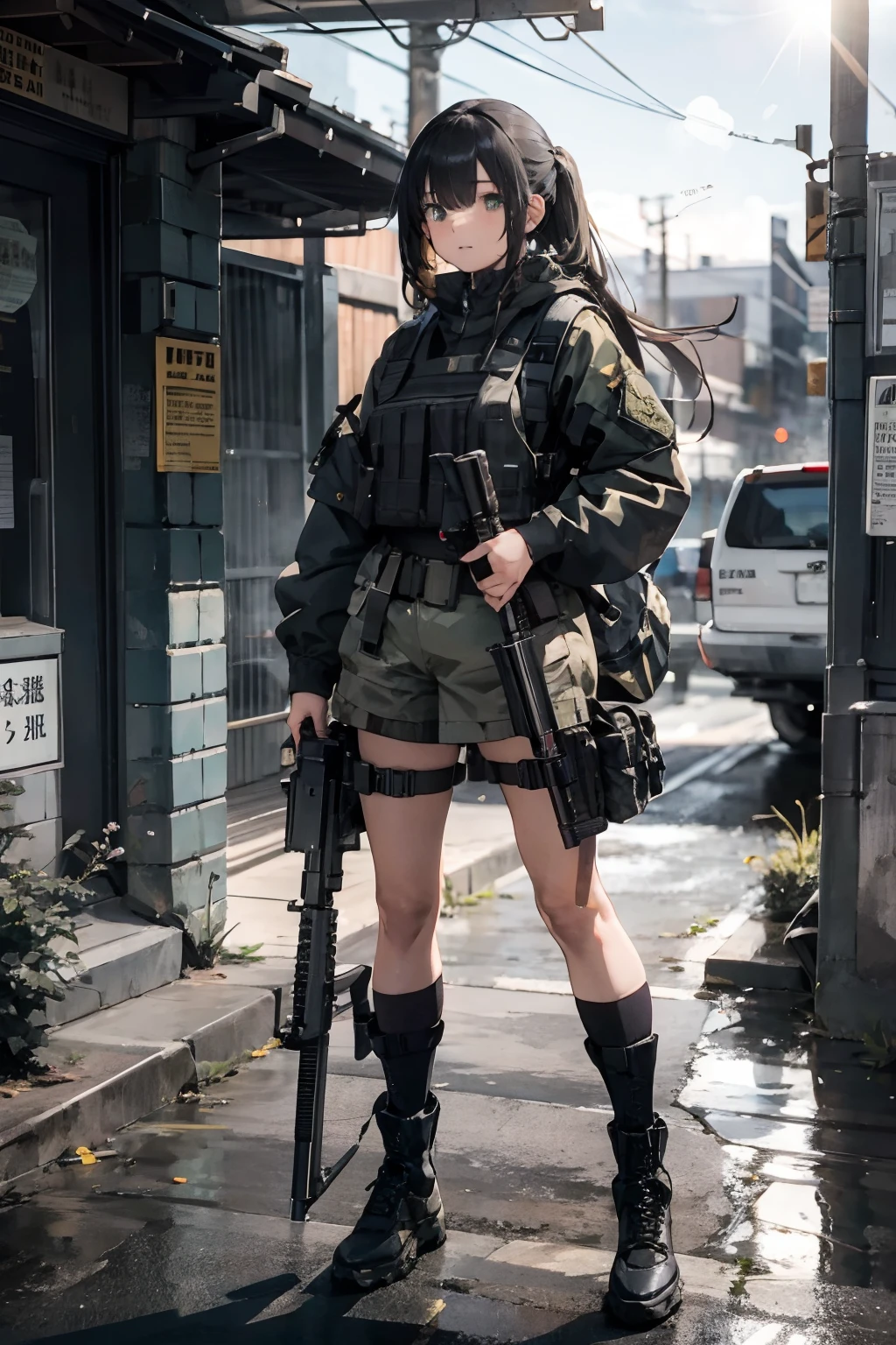 {{Masterpiece, top quality, highly detailed CG, unified 8k wallpaper, movie lighting, lens flare}}, girl shooting rifle, wide view, full body, thick body, long blond hair, green eyes, (holding a weapon, holding a rifle, aiming, aiming: 1.4), gun, h&k hk416, carbine, open fire, firing, (1 girl soldier aiming a huge rifle), 24 years old, teeth out, special forces, from above, knee shooting,