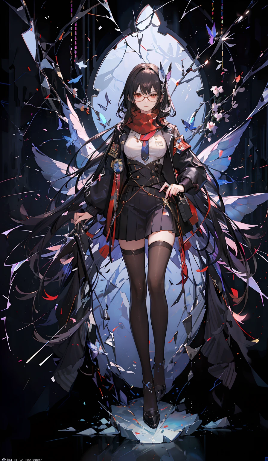 masterpiece, concept art, (highly detailed), (wide shot, half body visible:1.5), dynamic pose, a girl with long black hair wearing glasses and a red scarf, school uniform, black school jacket, cyberpunk art, red eyes, by Pu Hua, pixiv contest winner, fantasy art, photo of a mechanical butterfly, piercing clear eyes, crystalized, anime nature, queen in a glass prison, protagonist, red blue theme, resin, serious expression, moth,