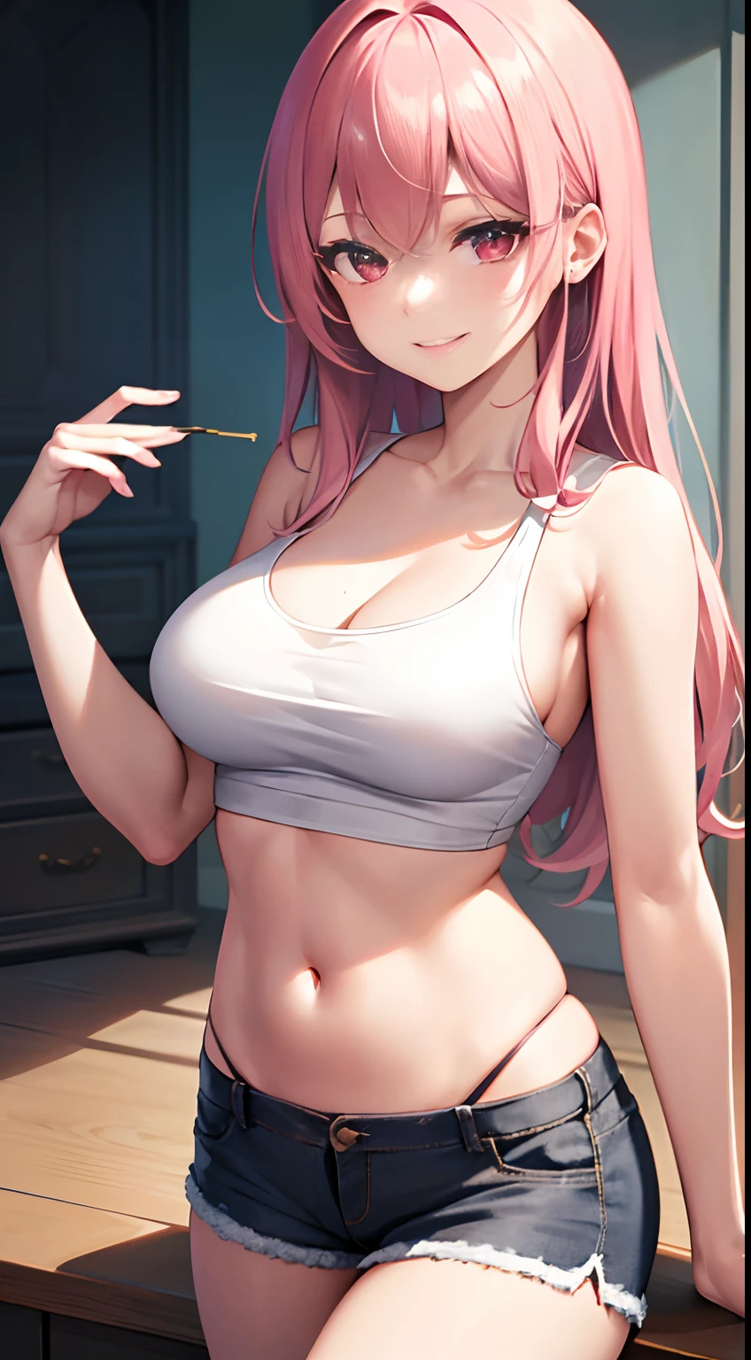 {{{masterpiece}}}, {{{best quality}}}, {{ultra-detailed}}, {illustration}, {{an extremely delicate and beautiful}},(1girl), pink hair, red eyes,,shiny skin,((date style)),((smile)),pov,from above,tank top, belly exposed,shorts