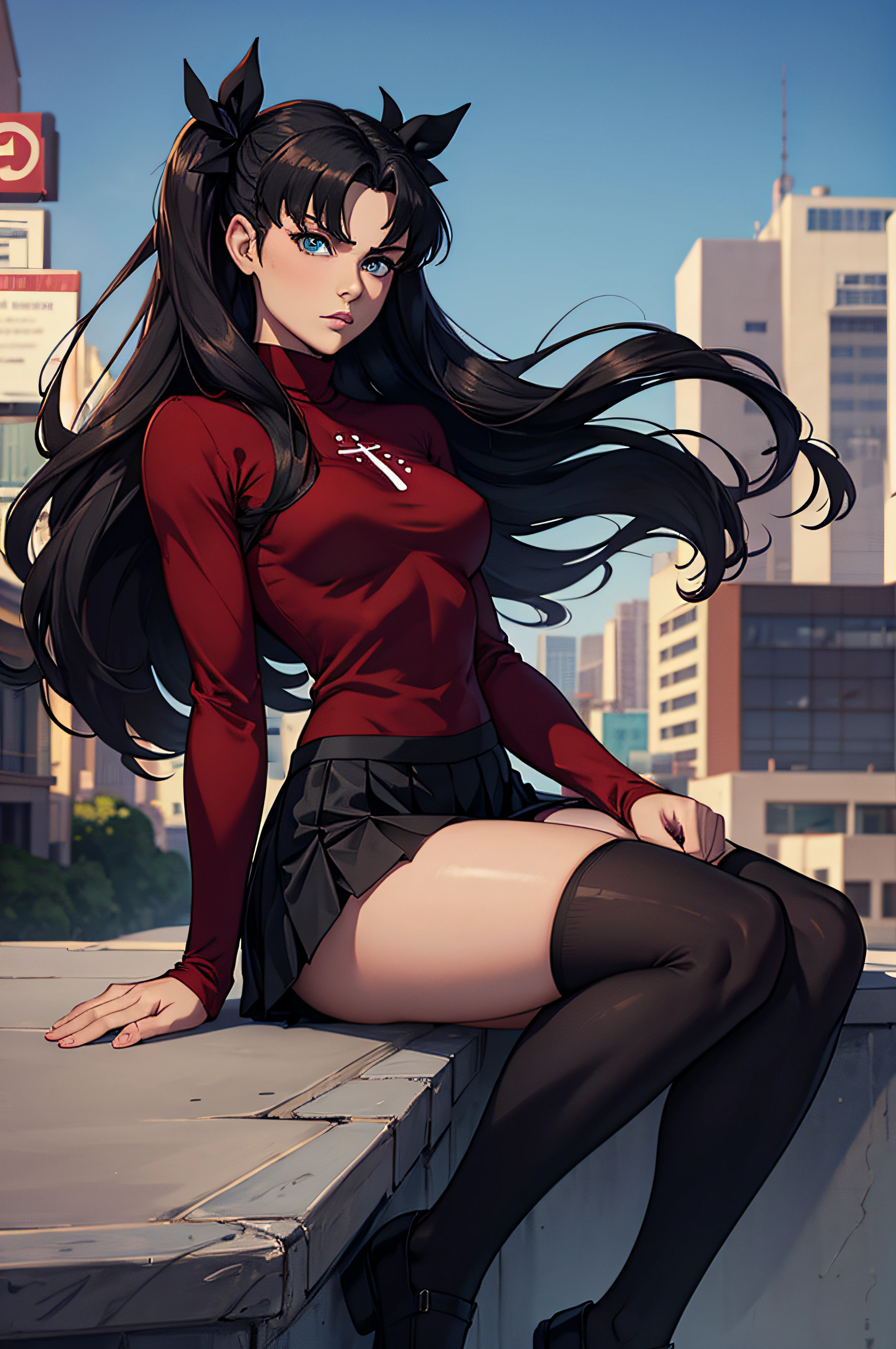 (masterpiece), best quality, expressive eyes, perfect face, 1girl, solo, rintohsaka, rin tohsaka, aqua eyes, black hair, hair ribbon, long hair, ribbon, sidelocks, two side up, black skirt, black thighhighs, long sleeves, miniskirt, pleated skirt, ((red sweater)), skirt, sweater, thighhighs, turtleneck, city background, sitting, character sheet, upper body, portrait, looking at viewer