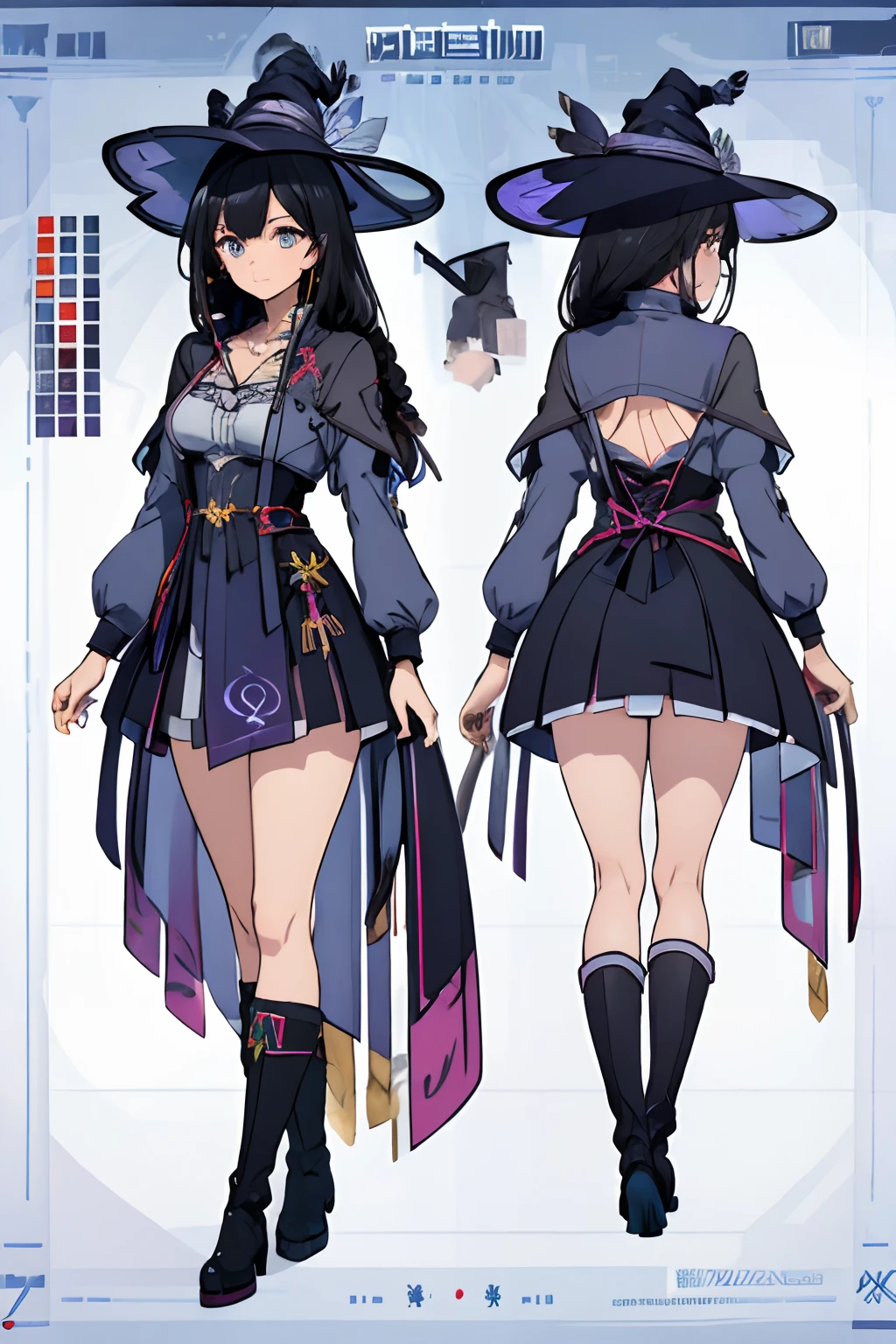 ((masterpiece)),(((best quality))),(((highly detailed))), (Character design sheet, same character, same outfit, ""main front view, side view, back view ""), illustration, 1 girl, perfect ilustration, human, long black hair, golden eyes, medium breasts, makeup is white and blue tones, genshin impact style, purple magical girl style witch clothing, full body, conical witch hat, corset , short dress, high stockings, leather boots and gloves, digital background, casting shadow. exceptional details in eyes, face, hair, clothes, hands and legs.