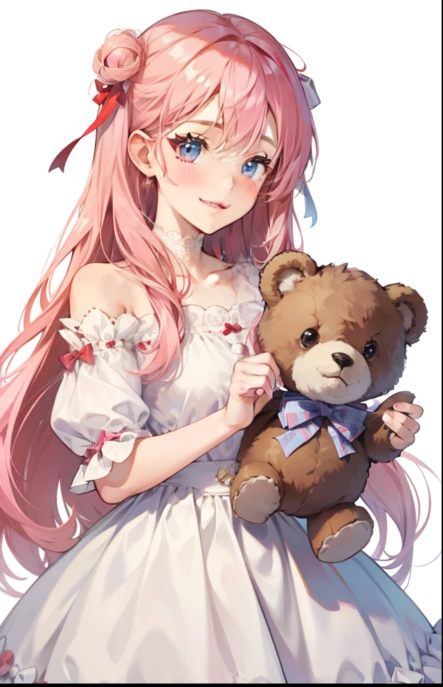 girl with、Background white、without background、Pink hair、The long-haired、with blush cheeks、Embarrassing、White dress、Onepiece、Stuffed Bear、frilld、bow ribbon、Smiling、kawaii、without background