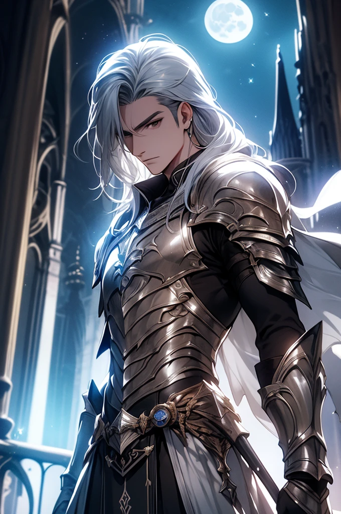 Exquisite illustrations、Ultra detailed、k hd、From below、Handsome and noble、Elegant man、Elegant Pose、holy paladin_Gothic suit、Silver_Sparkling long hair、Warriors、fantasy、A WORLD、Delicate moon bodysuit,With sparkling armor decorations,Meticulous and layered immediately,Detailed valleys,Verbose mode,Full moon background,Break。Detail hands, ((detail finger:1.2)), Beautiful ((Hand detail)