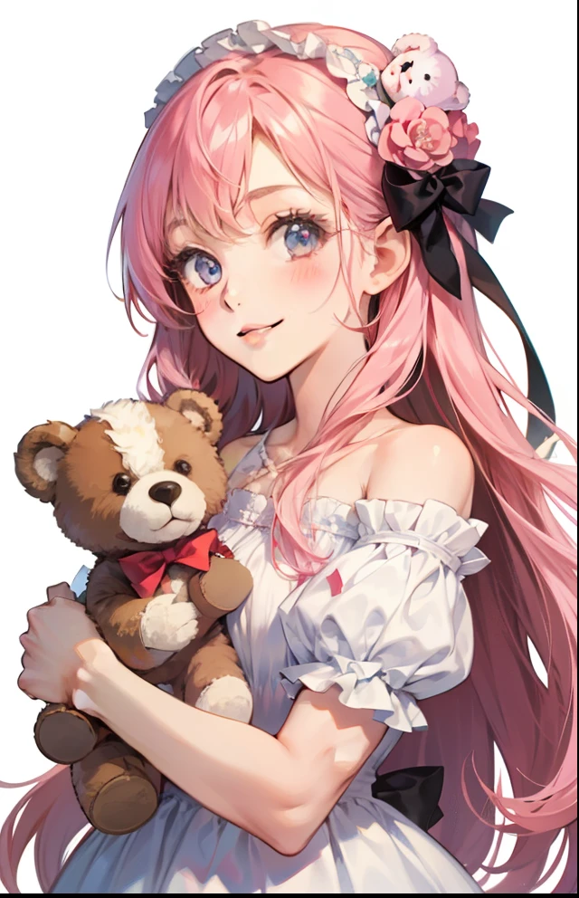 girl with、Background white、without background、Pink hair、The long-haired、with blush cheeks、Embarrassing、White dress、Onepiece、Stuffed Bear、frilld、bow ribbon、Smiling、kawaii、without background