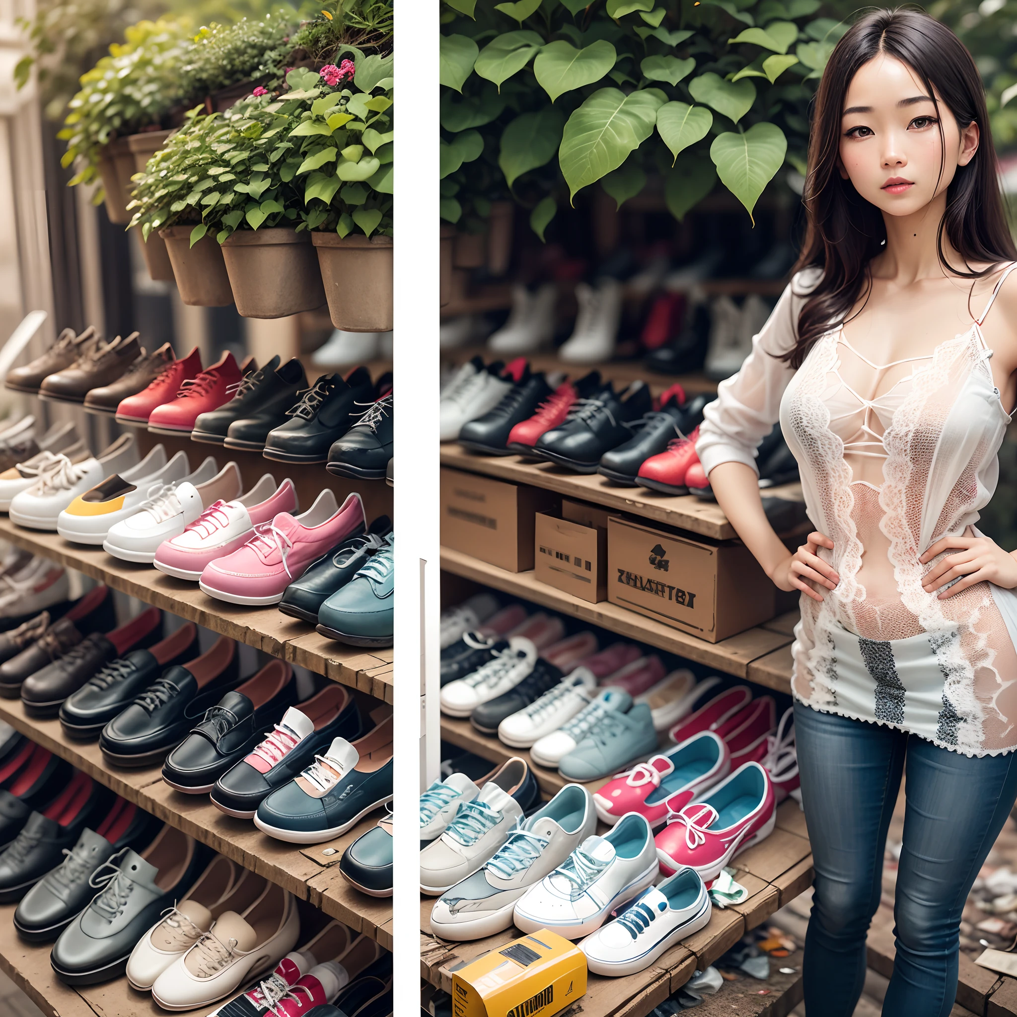 The size is 890x320, please make me a second-hand recycling advertising image, which requires 15 pairs of second-hand shoes on the left side. On the right side, a foreign woman is promoting --auto --s2