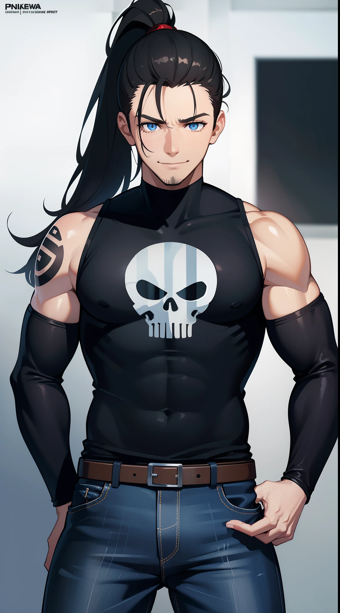Grown-up guy, Long black hair, high ponytail, blue eyes, Smile, beatiful face, bodyarmor, Sleeveless, Drawing of the skull, Jeans, circuits, arma, brawn, Punisher's Seal, tattoo, Masterpiece, hiquality, 4k, HD, Good detail