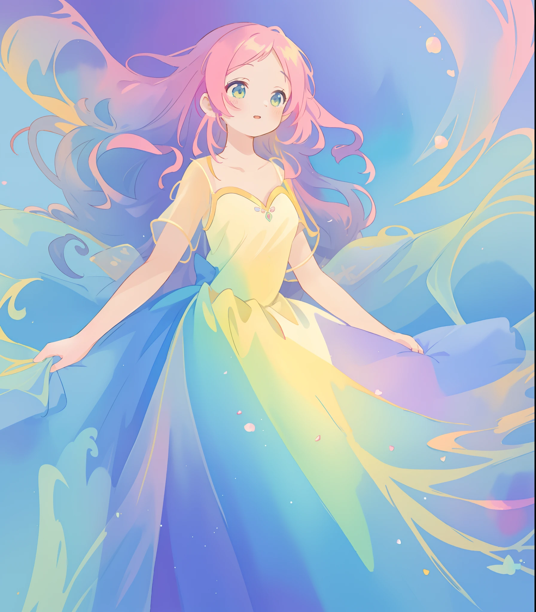 beautiful girl in flowing colorful gradient ballgown, puffy multi-layered ballgown, long flowing colorful hair, vibrant pastel colors, colorful, watercolor illustration, masterpiece, best quality, sharp focus, intricate detail, highly detailed, 8k resolution, beautiful face, golden ratio, perfection, fantasia background, otherworldly, whimsical, magical