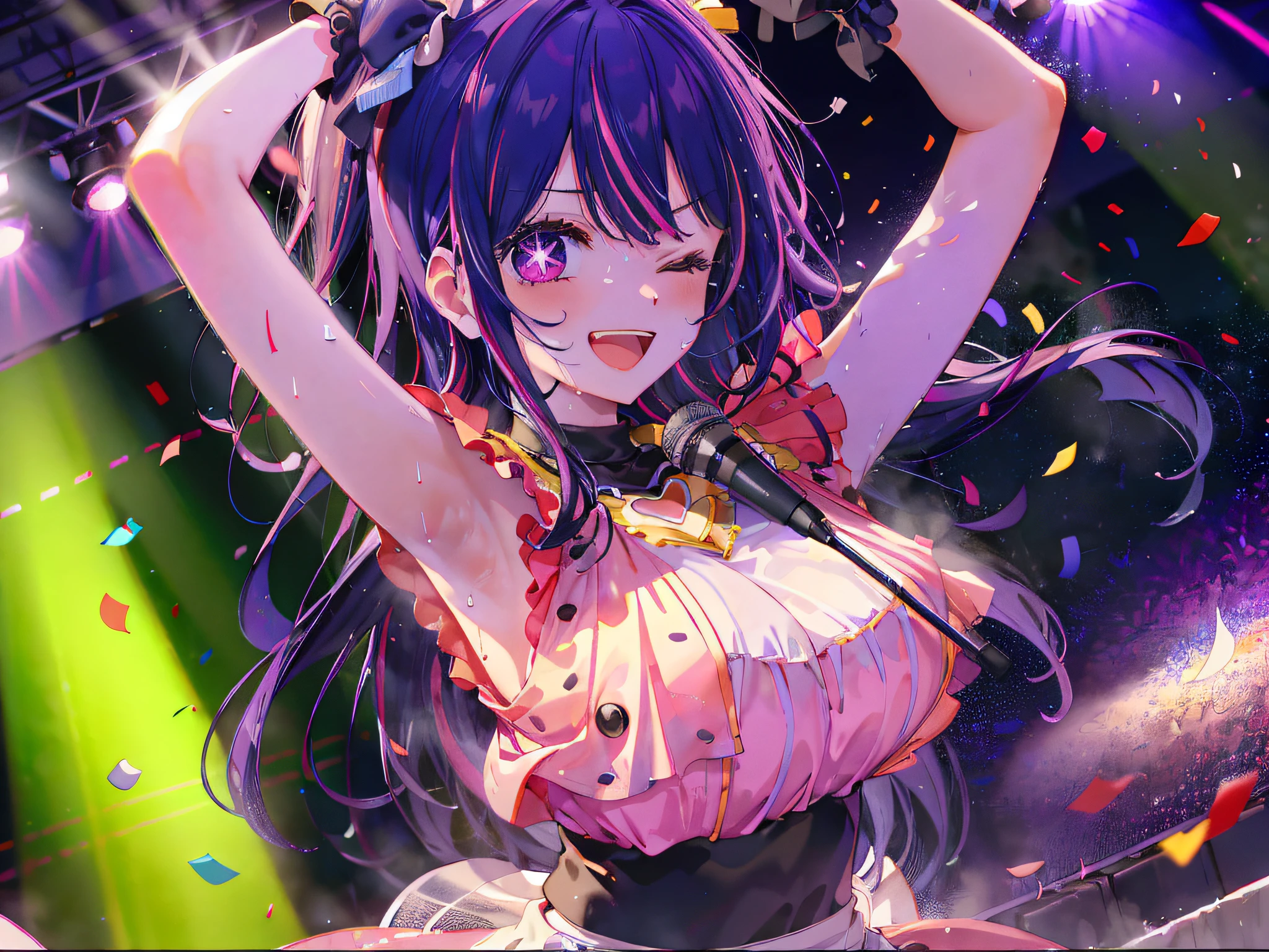 absurdres, highres,
BREAK
looking at viewer, (face focus:1.3), (from front:1.5)
BREAK
(vivid-color:1.3)
BREAK
(one girl:1.3), (loli:1.2), (Hoshino Ai:1.4), (purple hair, streaked hair:1.5), (purple eyes:1.5), (happy smile:1.7), (holding a mic:1.5), (singing, one arm up, one eye closed, lifting her feet:1.3), twisting waist, (shiny eyes:1.3), (upturned eyes, happy smile:1.2), star-shaped pupils, hairclip, earrings, jewelry, nm1, (gloves:1.2), (frills, pink shirt:1.2), arms up, dress pull, Roaring Twenties, sleeveless, shirt, idol, symbol-shaped pupils, (White fluid on the body:1.4), (thighs:1.3), (huge breasts, cleavage:1.3), (face focus:1.2), open mouth, (breast:1.3), round eyes, (blowing in the wind:0.5), (sweat around girl, dripping sweat:1.3), squall (wind:1.2), sense of speed, refreshing breeze, motion blur effect, wind
BREAK
background is (on the Idol stage:1.3), (Stand in the center of the screen:1.3), indoors, idol live, wind, (Colorful spotlights:1.7)
BREAK
magnificent view, (10,000 people spectators:1.3), light particles, (confetti:1.4), dynamic angle, dutch angle, perspective
BREAK
(night, spot light:1.5), depth of field, bokeh, light leaks, (chromatic aberration:1.2)
BREAK