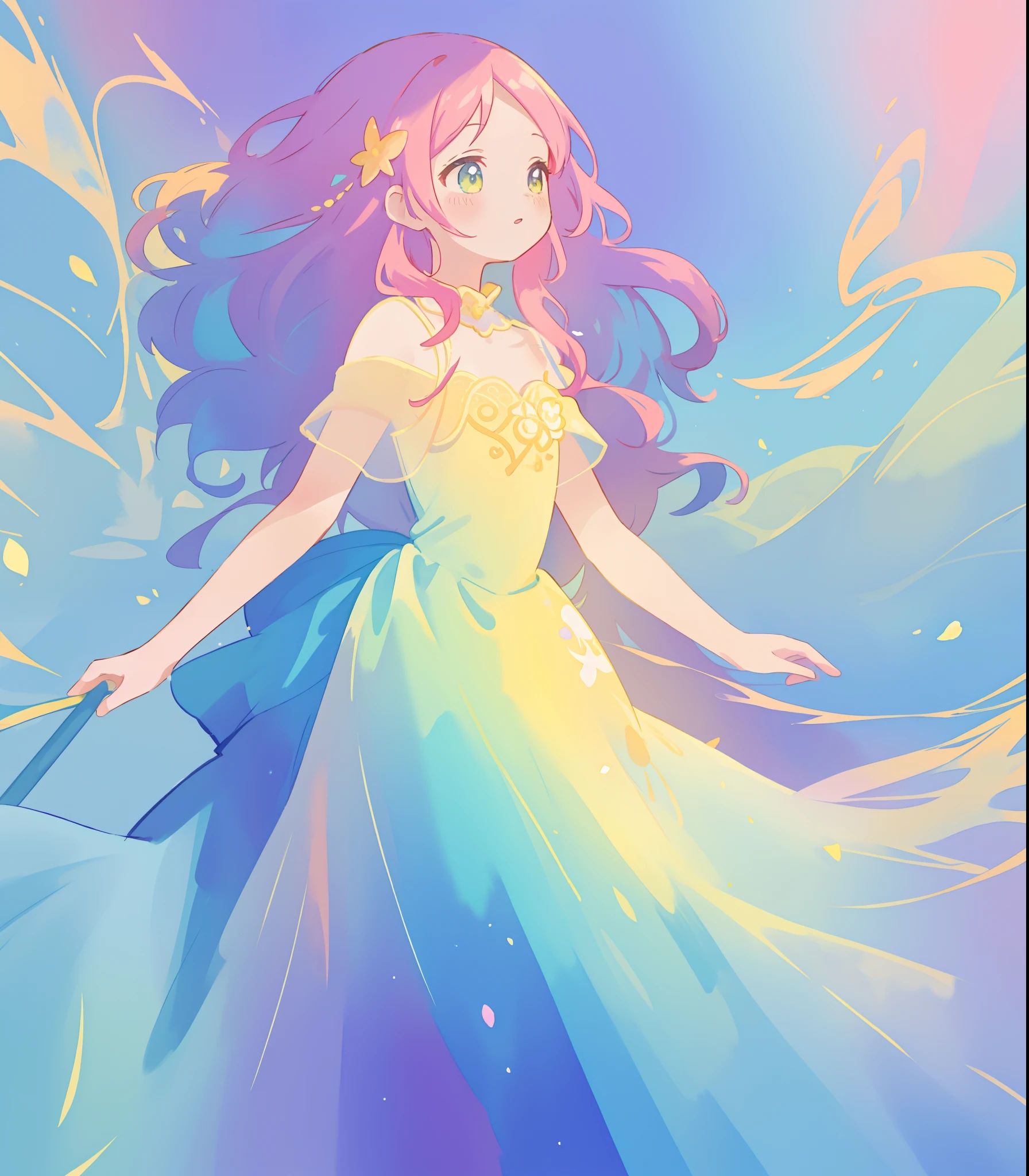 beautiful girl in flowing colorful gradient ballgown, puffy multi-layered ballgown, long flowing colorful hair, vibrant pastel colors, colorful, watercolor illustration, masterpiece, best quality, sharp focus, intricate detail, highly detailed, 8k resolution, beautiful face, golden ratio, perfection, fantasia background, otherworldly, whimsical, magical
