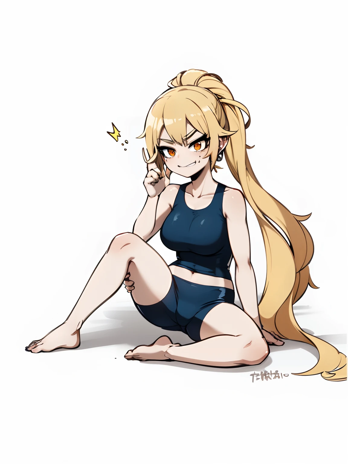 Nikaido Saki, Zombieland Saga, My Hero Academia Style, female, medium breast, wide hips, wide thighs, swimsuit, tight swimsuit, sexy swimsuit, blue swimsuit, smug, cheerful look, orange eyes, hair blond,