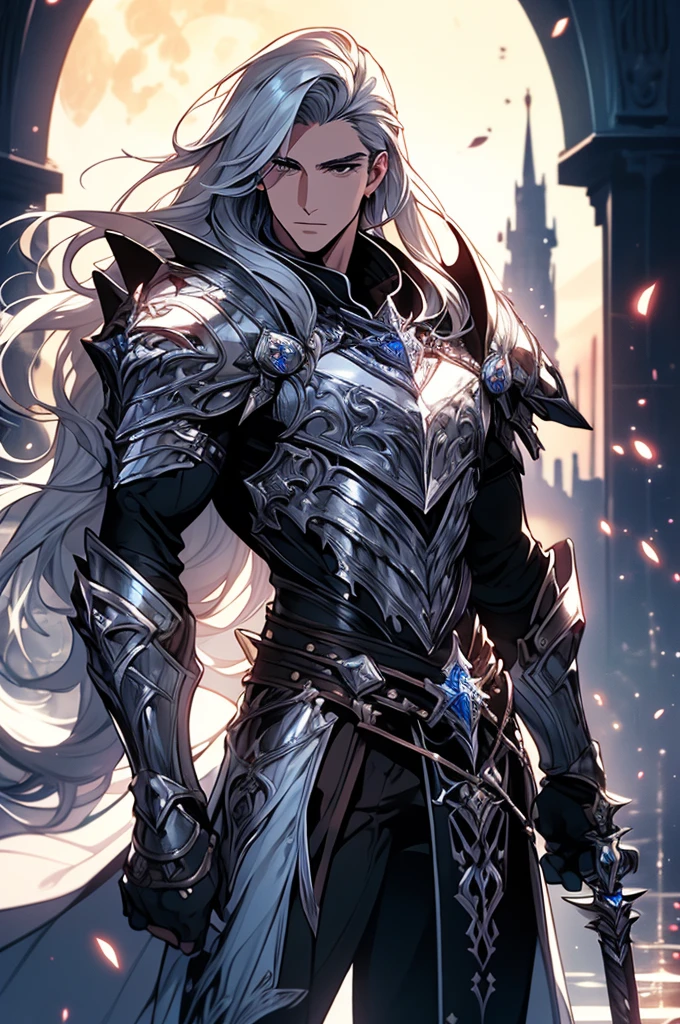 Exquisite illustrations、Ultra detailed、k hd、Handsome and noble、Elegant man、Elegant Pose、holy paladin_Gothic suit、Silver_Sparkling long hair、warriors、fantasy、A WORLD、Delicate moon bodysuit,With sparkling armor decorations,detailed tail,Instantly decorate in layers,Detailed valleys,Verbose mode,Full moon background,Break。Detail hands, ((detail finger:1.2)), Beautiful ((Hand detail)