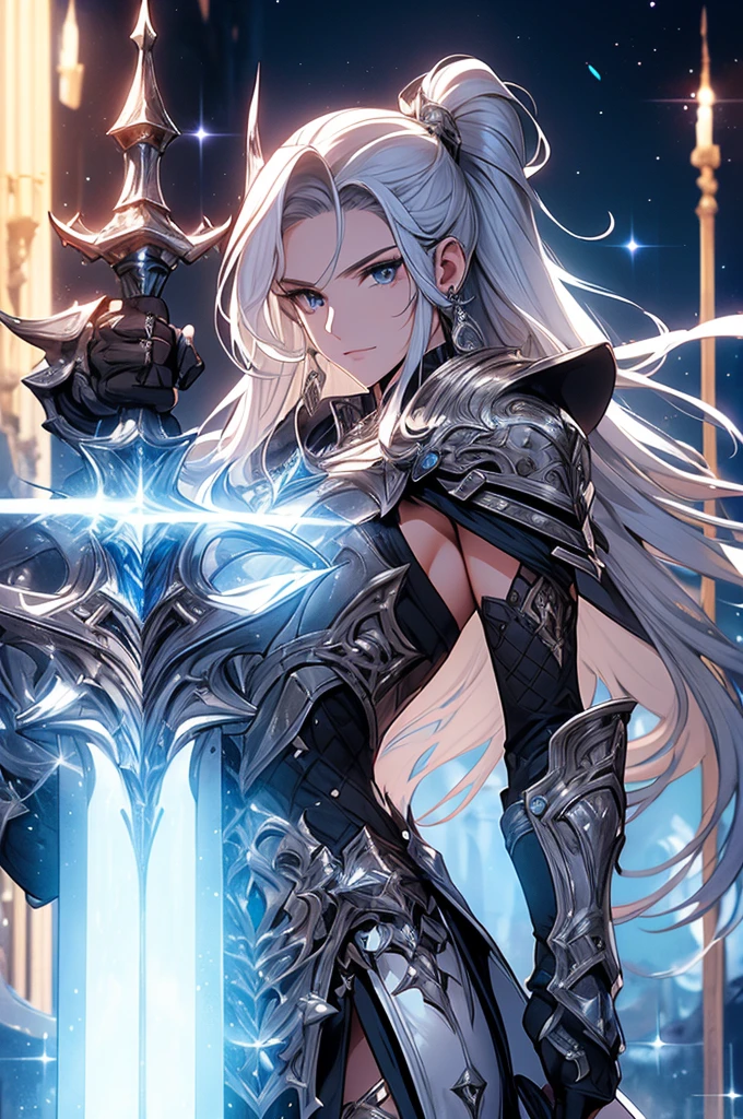 Exquisite illustrations、Ultra detailed、k hd、Handsome and noble、Elegant man、Elegant Pose、holy paladin_Gothic suit、Silver_Sparkling long hair、warriors、fantasy、A WORLD、Delicate moon bodysuit，With sparkling armor decorations，detailed tail，Instantly decorate in layers，Detailed valleys，Verbose mode，Full moon background，Break。Detail hands, ((detail finger:1.2)), Beautiful ((Hand detail)