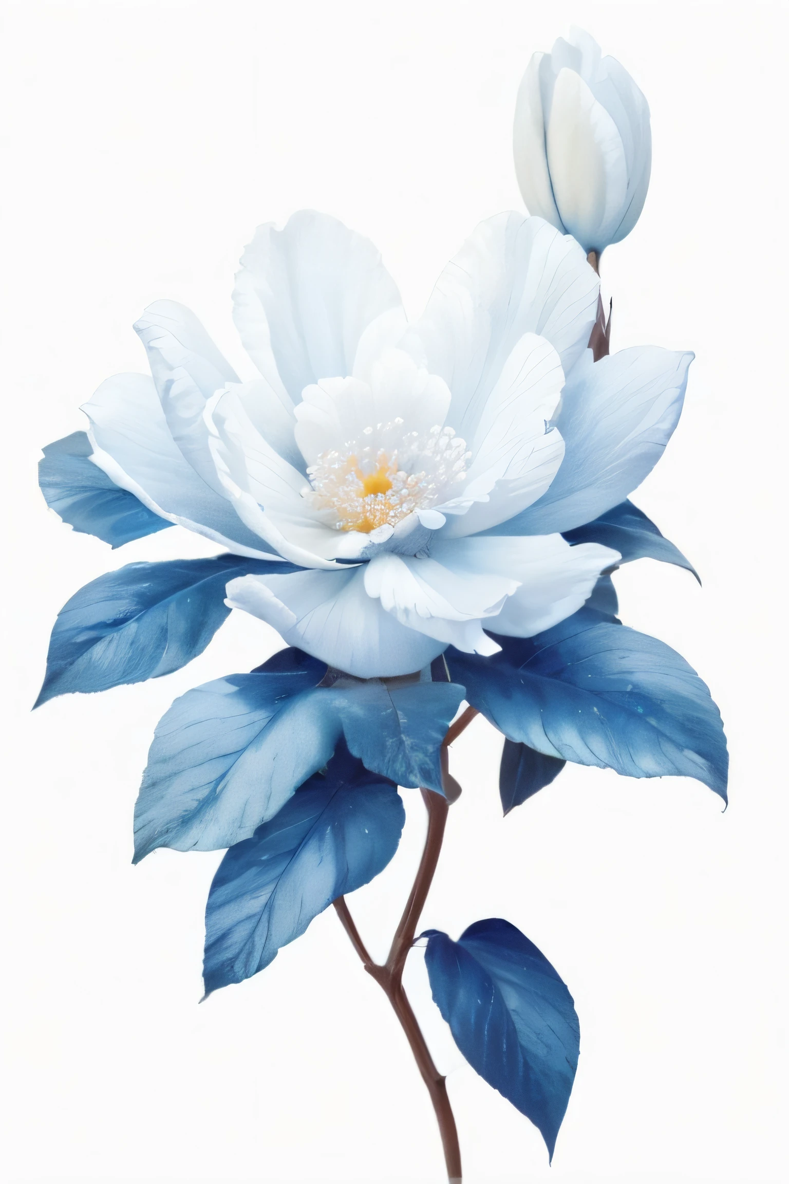 a close up of a flower with blue leaves on a white background, magnolia, dominant wihte and blue colours, white and blue, magnolias, white and pale blue toned, blue - petals, blue and white, realistic flowers oil painting, by Paul Davis, botanic watercolors, botanical artwork, blue and white tones, watercolor painting style, depicting a flower