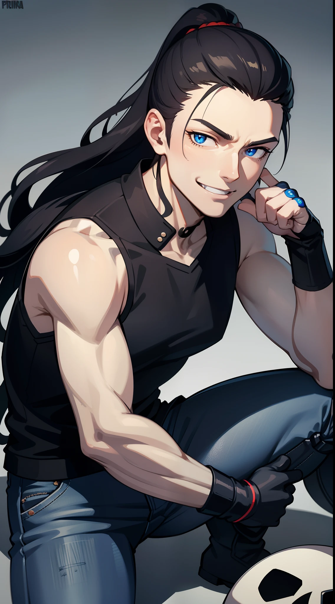 Grown-up guy, Long black hair, high ponytail, blue eyes, Smile, beatiful face, bodyarmor, Sleeveless, Drawing of the skull, Jeans, circuits, arma, brawn, Punisher's Seal, tattoo, Masterpiece, hiquality, 4k, HD, Good detail