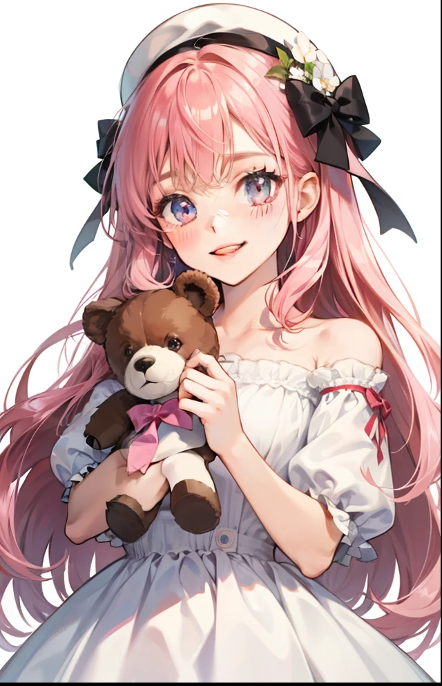 girl with、Background white、without background、Pink hair、The long-haired、with blush cheeks、Embarrassing、White Dress、Onepiece、Stuffed Bear、frilld、bow ribbon、Smiling、kawaii、without background