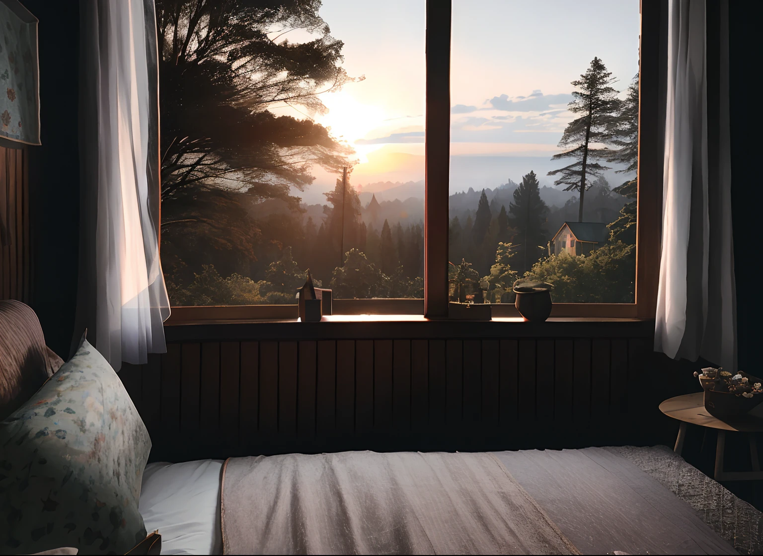 at nightfall, The sun goes down in the evening, Countryside, On the bed in the brown shabby wooden house in the woods, the grey sheets and quilt covers, the tall trees outside the big window, focus angled at the window, downpour rain, The wind is howling, the air is full of vapor fog, the wooden Windows, the blanket, the wool carpet, the movie perspective, 8k, photograph, high detailed,detail, high quality shadow,Realism