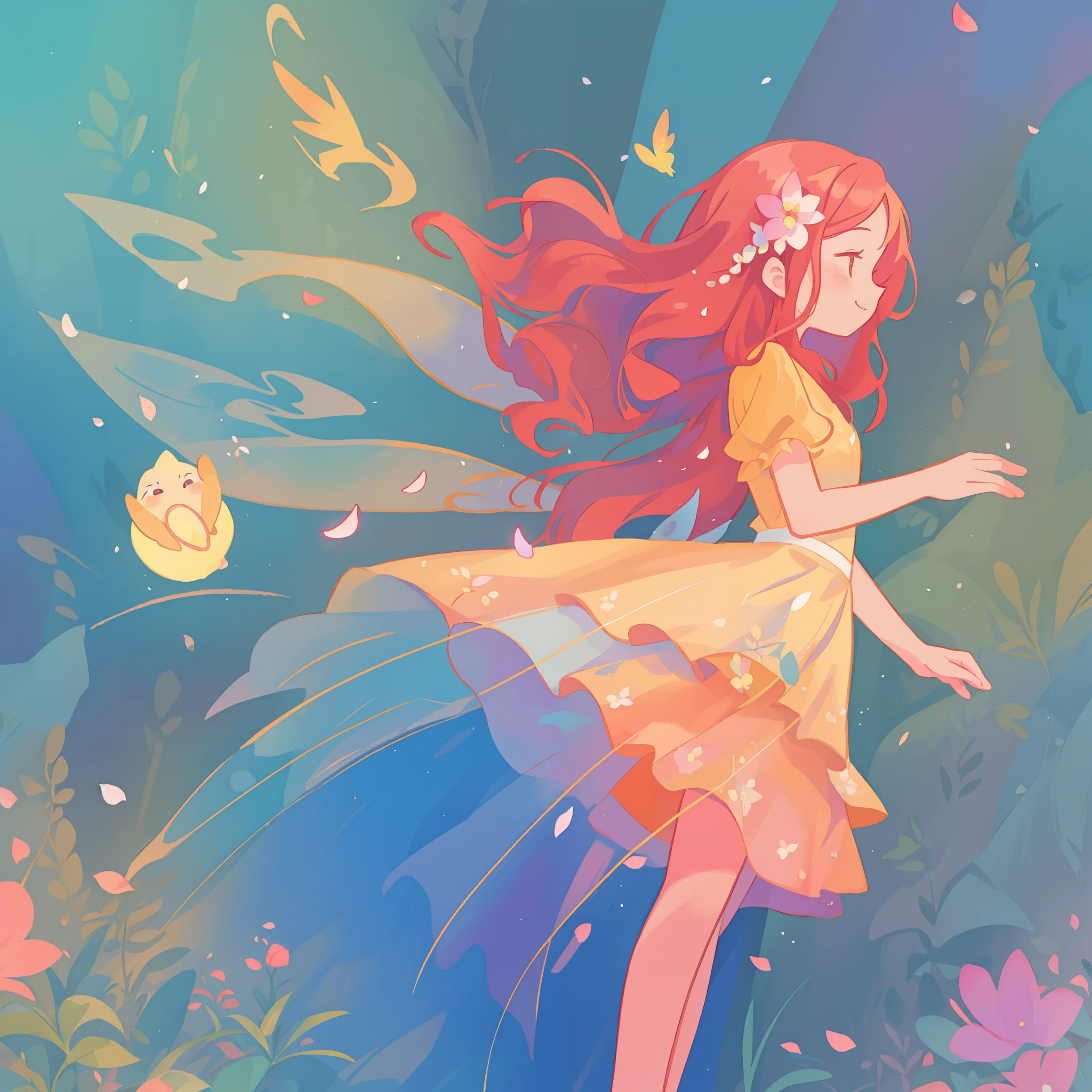 beautiful girl in tiered gradient ballgown dress, gradient colorful dress, ((layered flower petal skirt)), fairy dress, fairy queen, magical forest background, (glowing fairy wings), glowing flowing ballgown, long wavy hair, sparkling fairy wings, watercolor illustration, flowers and colorful plants, inspired by Glen Keane, inspired by Lois van Baarle, disney art style, by Lois van Baarle, glowing aura around her, by Glen Keane, jen bartel, glowing lights! digital painting, flowing glowing hair, glowing flowing hair, beautiful digital illustration, fantasia otherworldly landscape plants flowers, beautiful, masterpiece, best quality, anime disney style