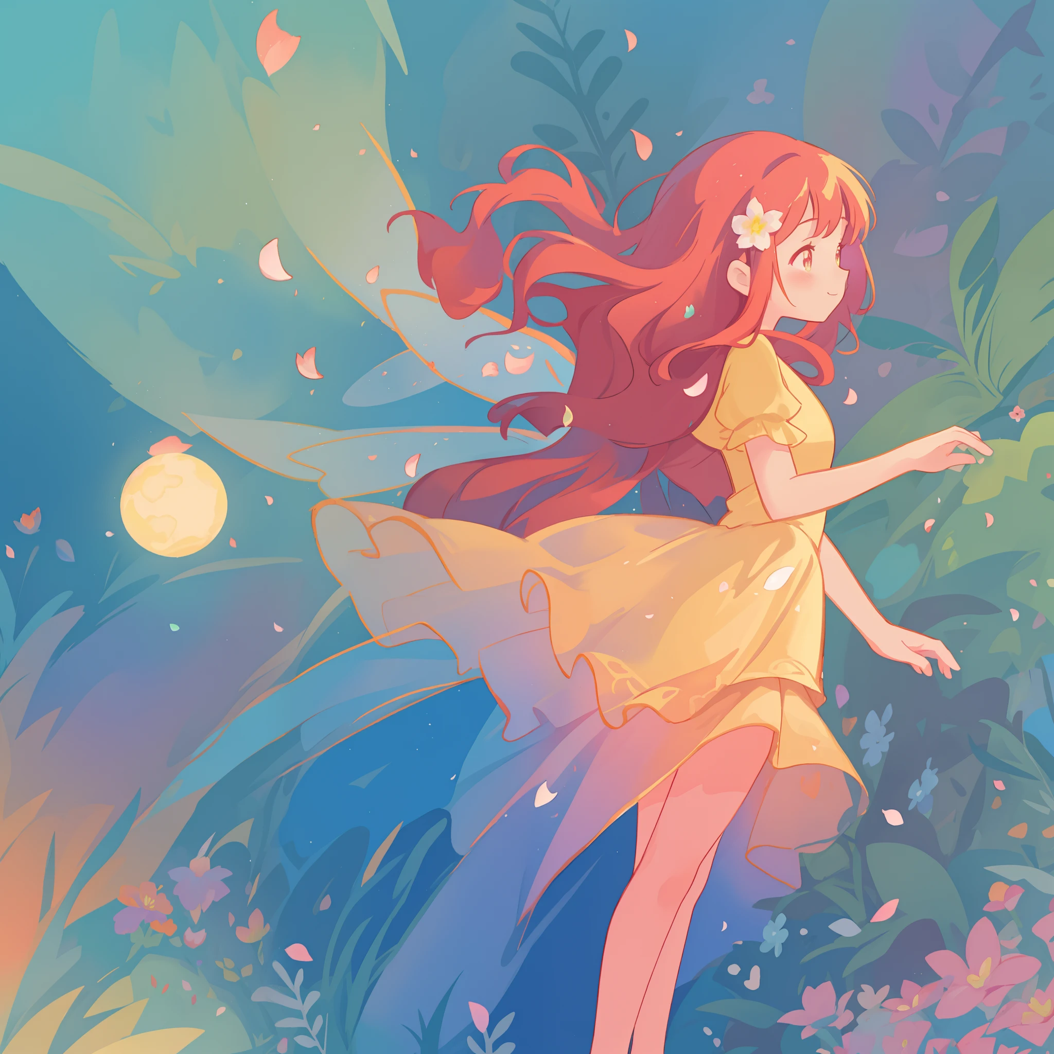 beautiful girl in tiered gradient ballgown dress, gradient colorful dress, ((layered flower petal skirt)), fairy dress, fairy queen, magical forest background, (glowing fairy wings), glowing flowing ballgown, long wavy hair, sparkling fairy wings, watercolor illustration, flowers and colorful plants, inspired by Glen Keane, inspired by Lois van Baarle, disney art style, by Lois van Baarle, glowing aura around her, by Glen Keane, jen bartel, glowing lights! digital painting, flowing glowing hair, glowing flowing hair, beautiful digital illustration, fantasia otherworldly landscape plants flowers, beautiful, masterpiece, best quality, anime disney style
