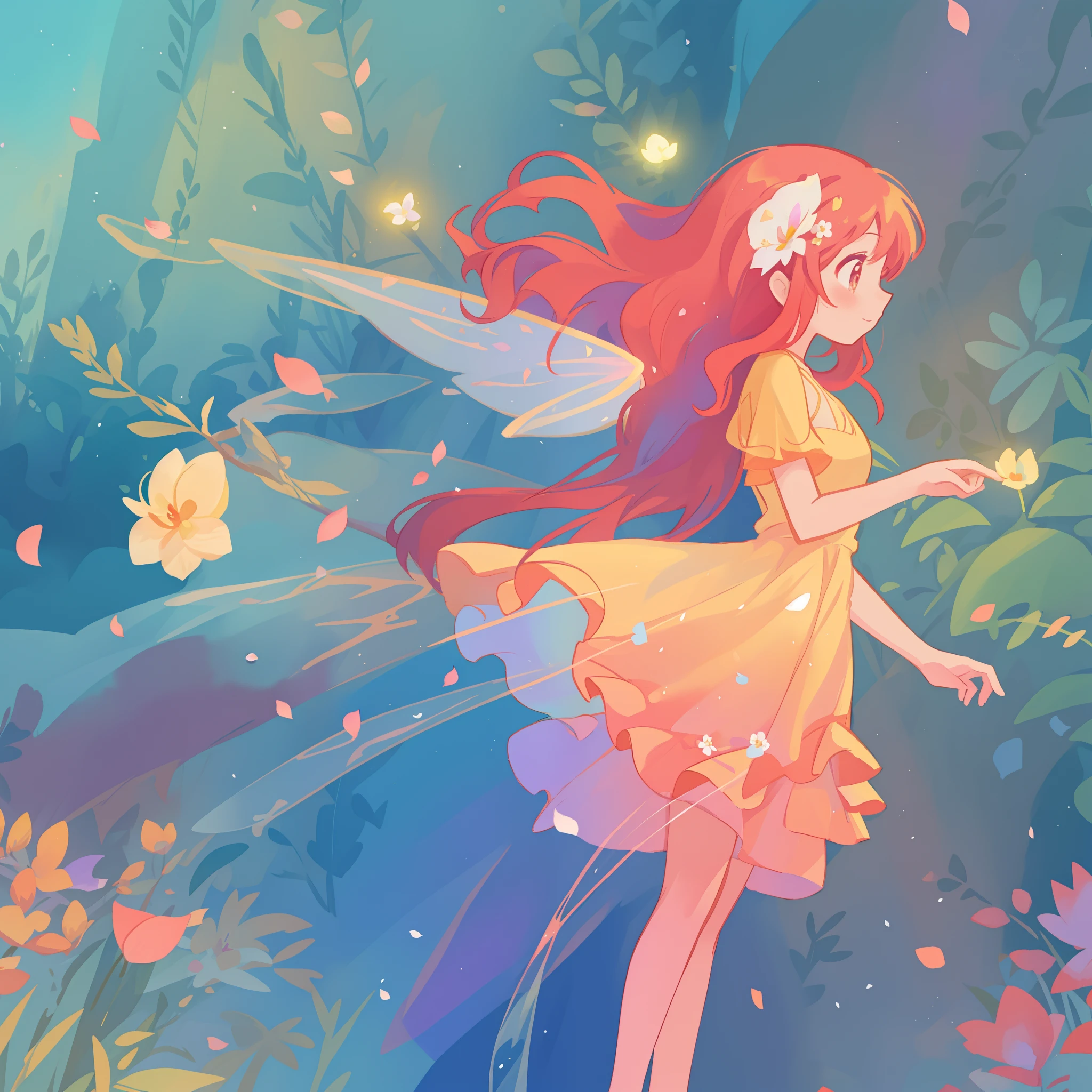 beautiful girl in tiered gradient ballgown dress, gradient colorful dress, ((layered flower petal skirt)), fairy dress, fairy queen, magical forest background, (glowing fairy wings), glowing flowing ballgown, long wavy hair, sparkling fairy wings, watercolor illustration, flowers and colorful plants, inspired by Glen Keane, inspired by Lois van Baarle, disney art style, by Lois van Baarle, glowing aura around her, by Glen Keane, jen bartel, glowing lights! digital painting, flowing glowing hair, glowing flowing hair, beautiful digital illustration, fantasia otherworldly landscape plants flowers, beautiful, masterpiece, best quality, anime disney style
