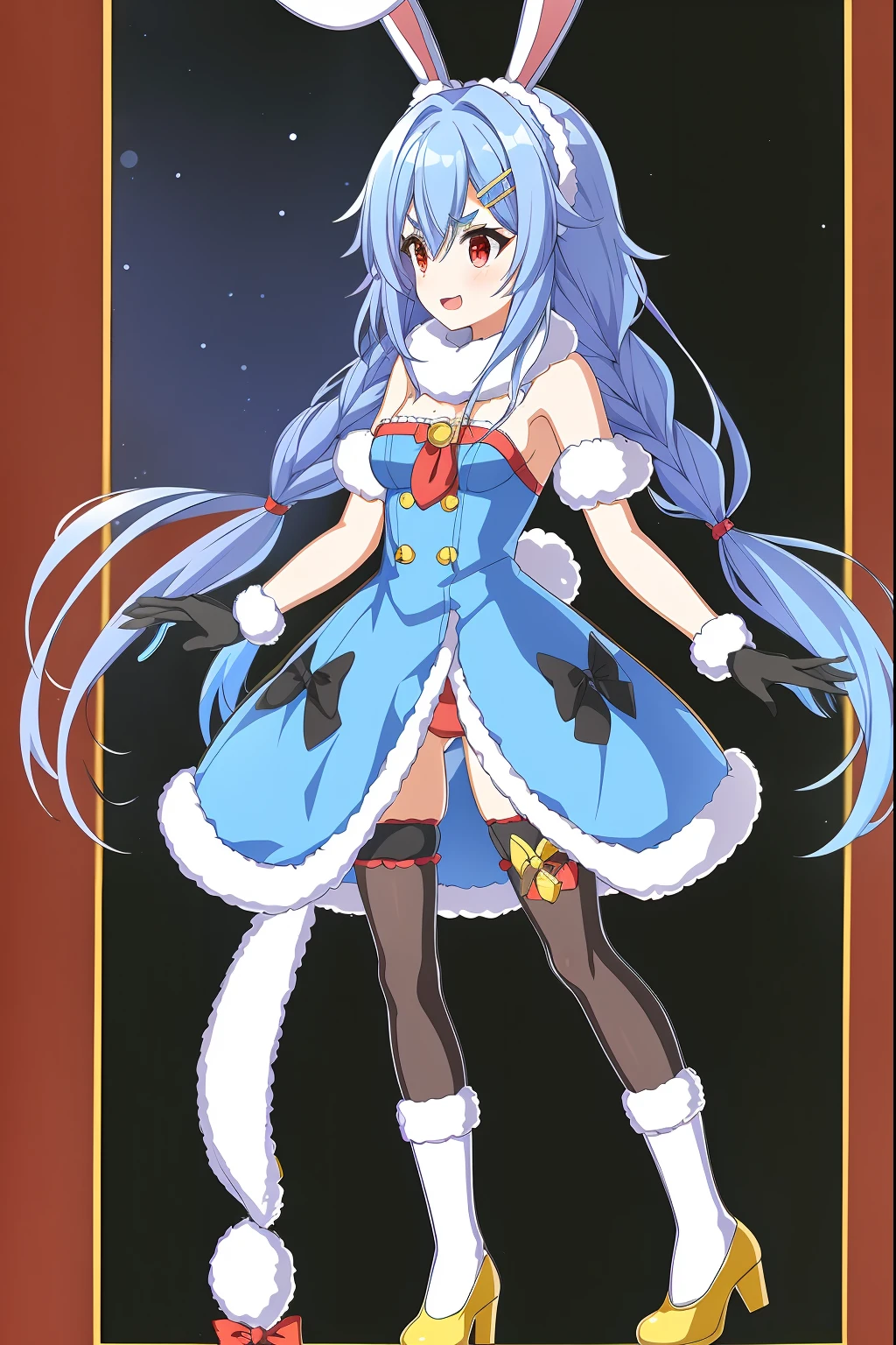 photo of a iom girl, thick eyebrows, smile, open mouth, white sleeves, fur-trimmed dress, red eyes, long hair, ribbon, strapless, thigh strap, fur scarf, rabbit girl, leotard under clothes, puffy short sleeves, detached sleeves, bare shoulders, small breasts, carrot hair ornament, white dress, white hair, twin braids, blue hair, fur-trimmed gloves, don-chada pekora), multicolored hair, rabbit ears, pantyhose, fur trim, usada pekora, virtual youtuber, 1girl, ufotable screen cap, fgo sprite:1.5, full body, standing, black background, simple background, looking afar,